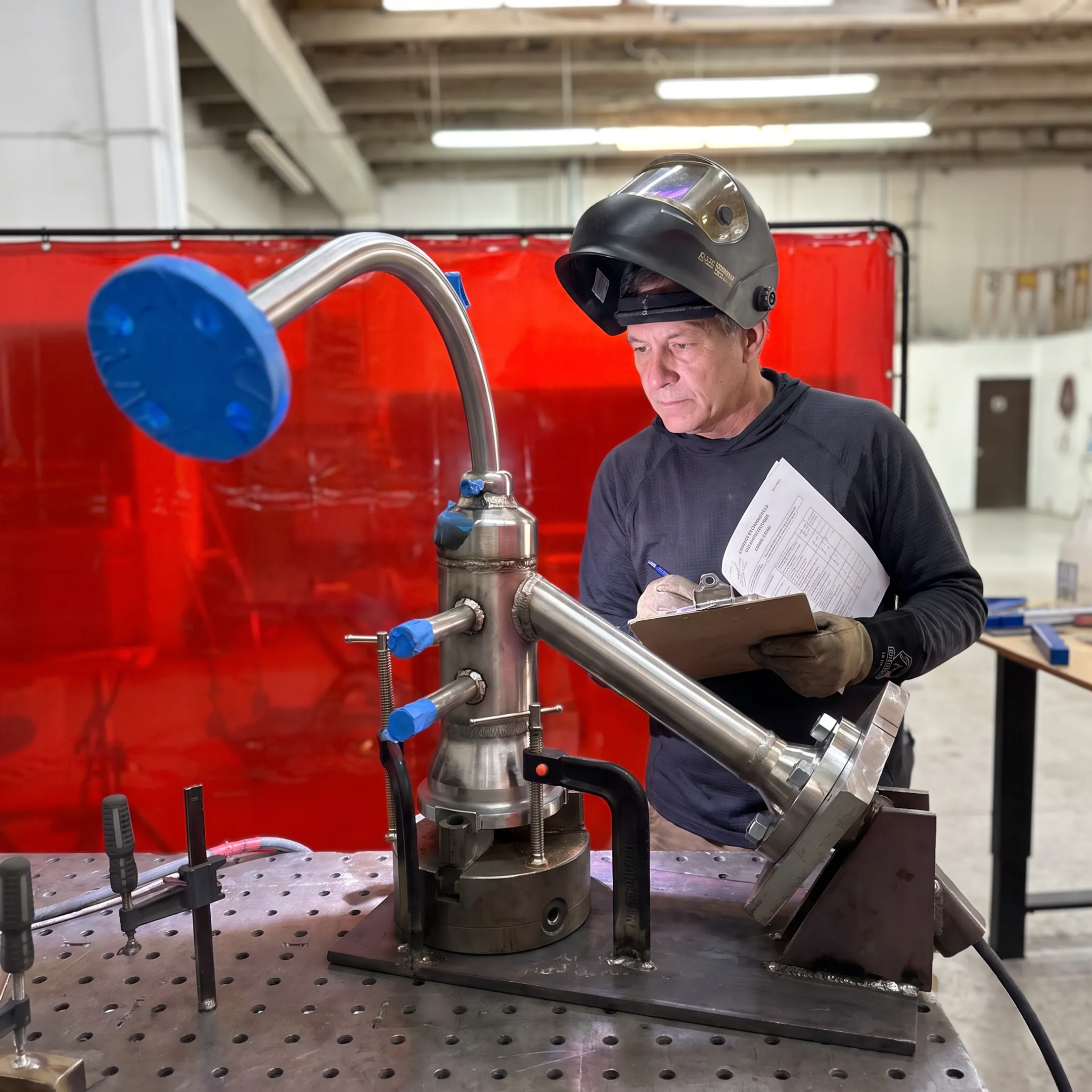 Technician inspecting a custom welded metal component