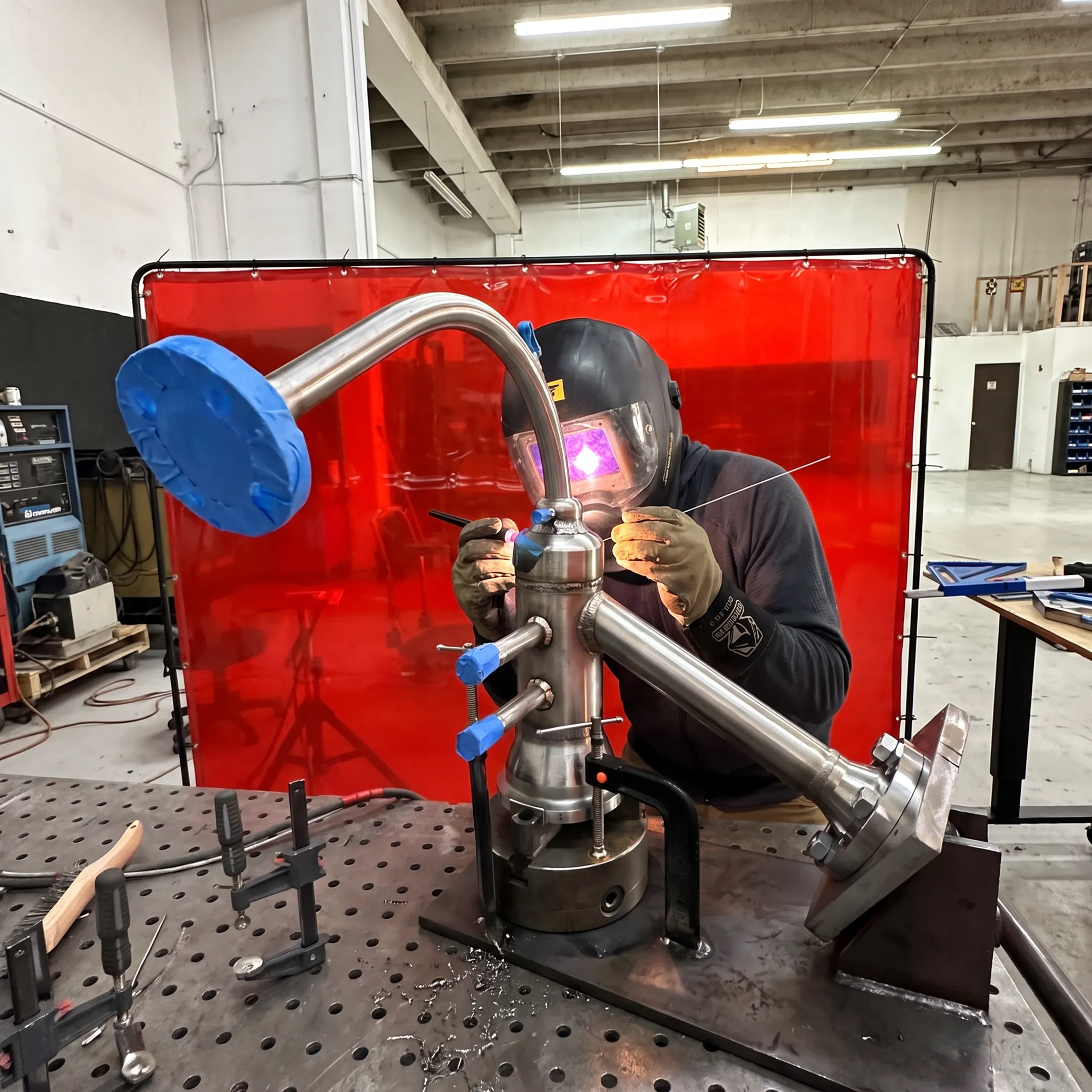Welder fabricating a precision metal assembly in a controlled workshop
