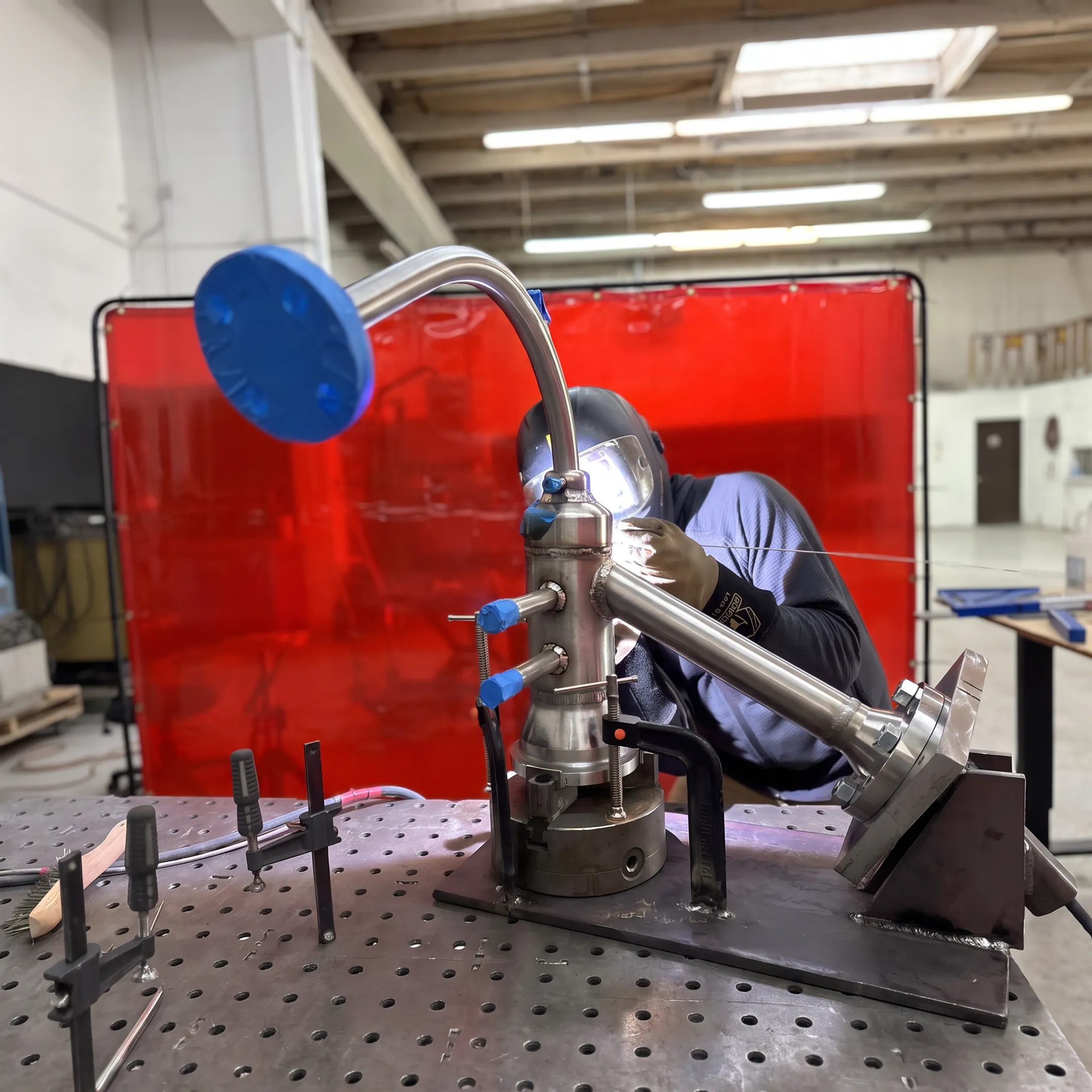 Welder fabricating a precision metal assembly in a professional shop