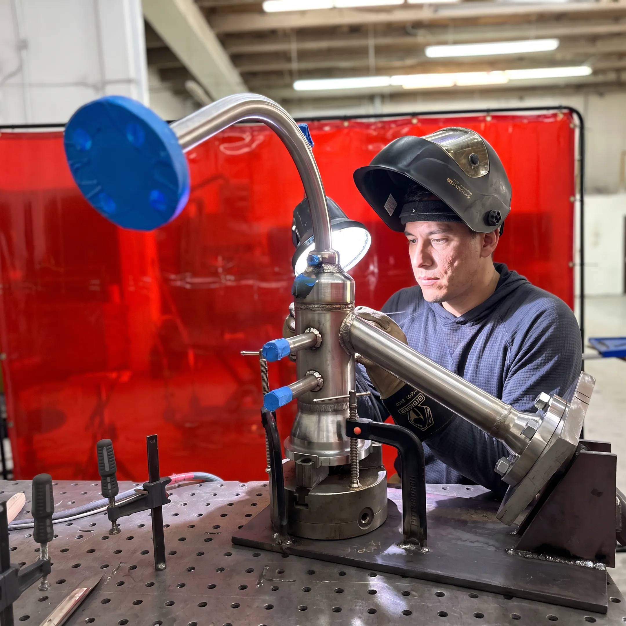 Technician inspecting a precision welded component