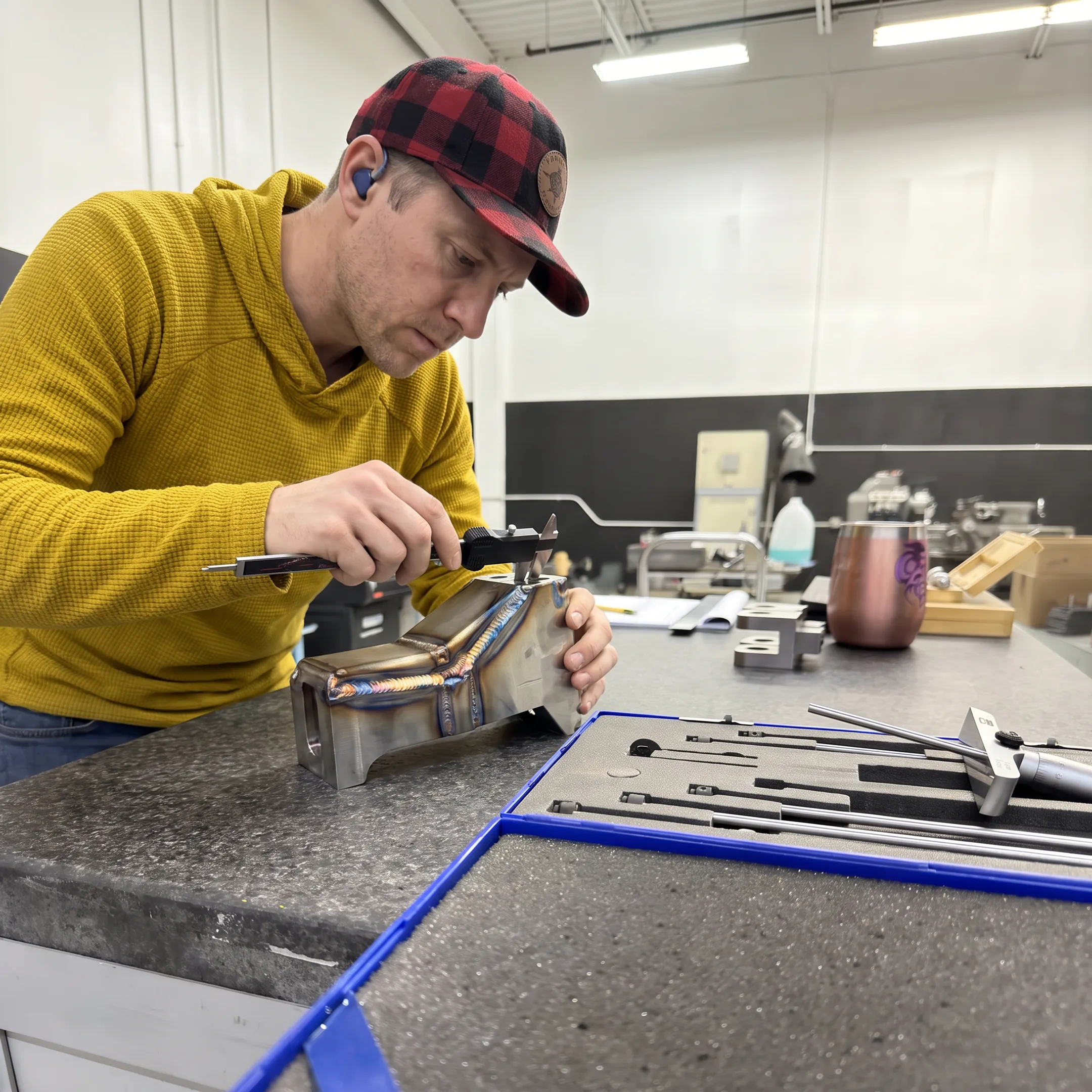 Technician inspecting a precision welded alloy assembly