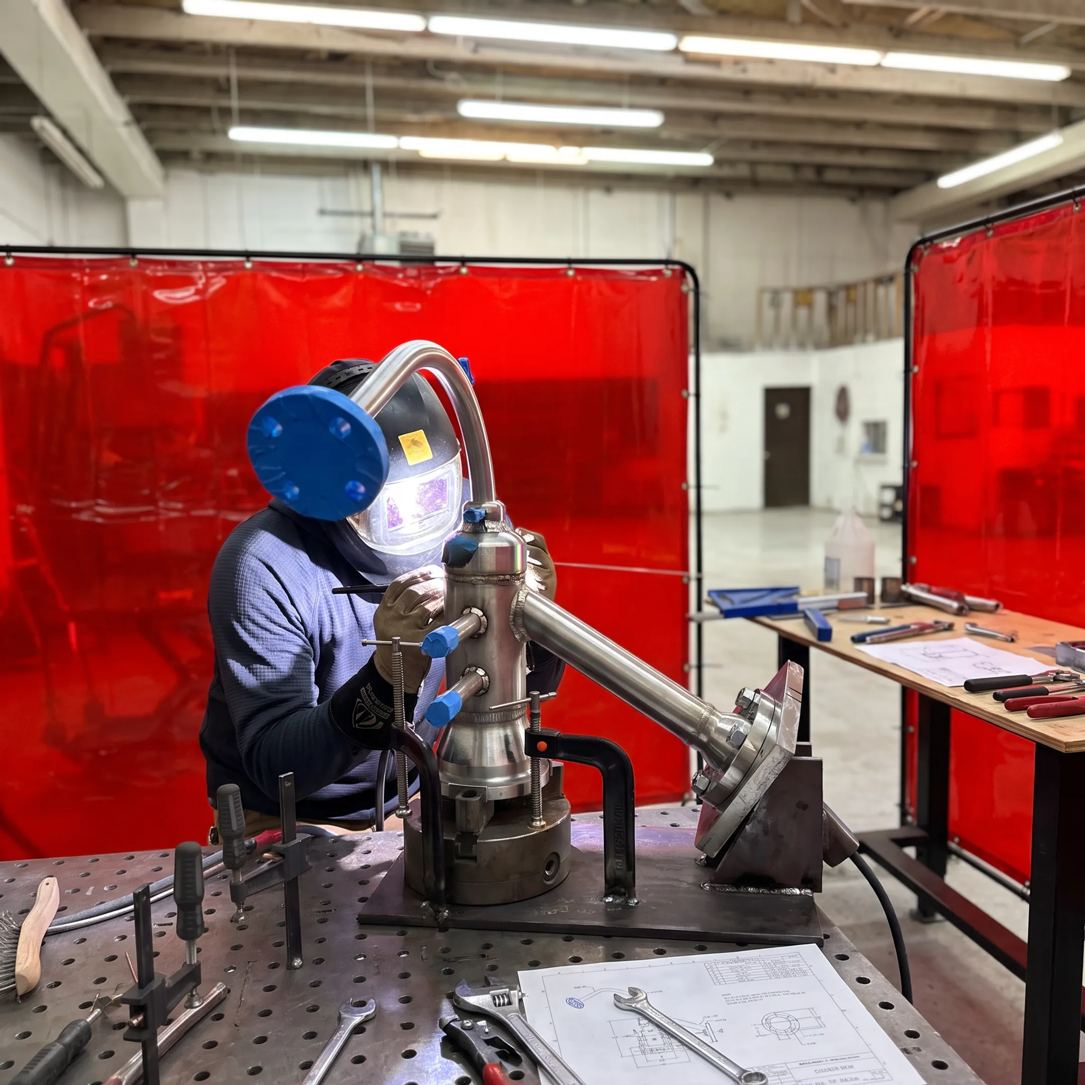 Welder performing precision custom welding on a metal assembly