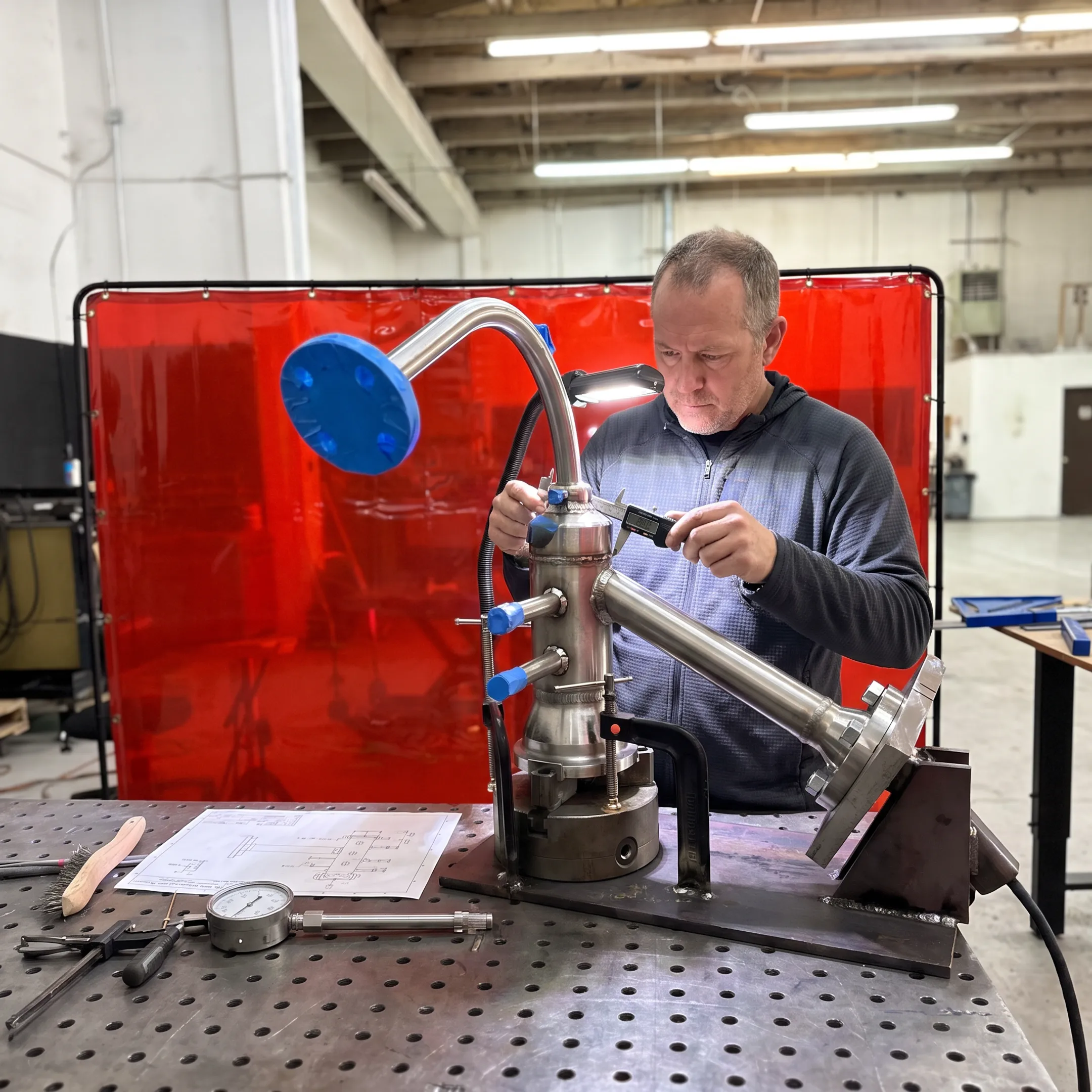 Technician inspecting a precision welded metal component