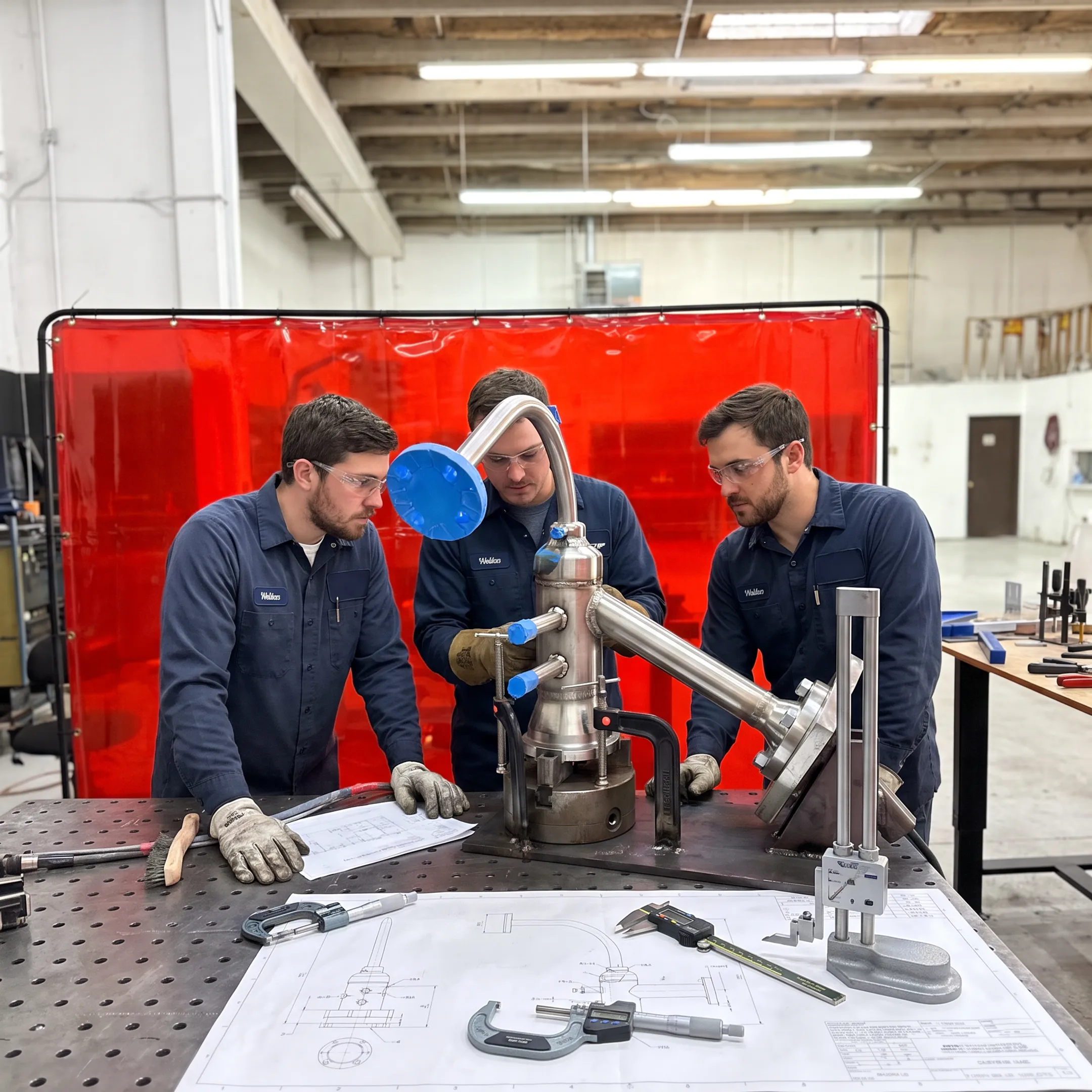 Technicians reviewing a fabricated cryogenic system component