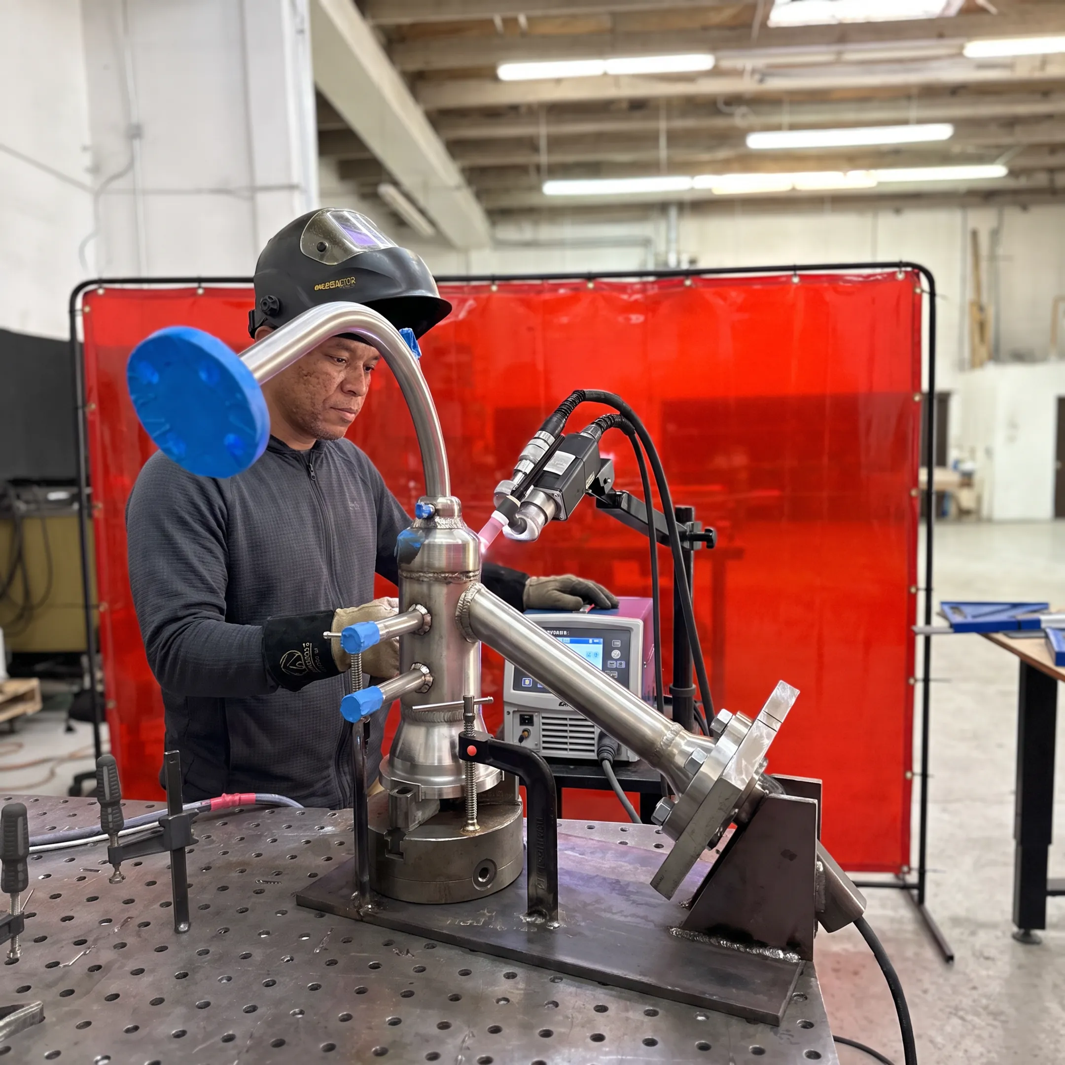 Technician monitoring automated orbital TIG welding equipment