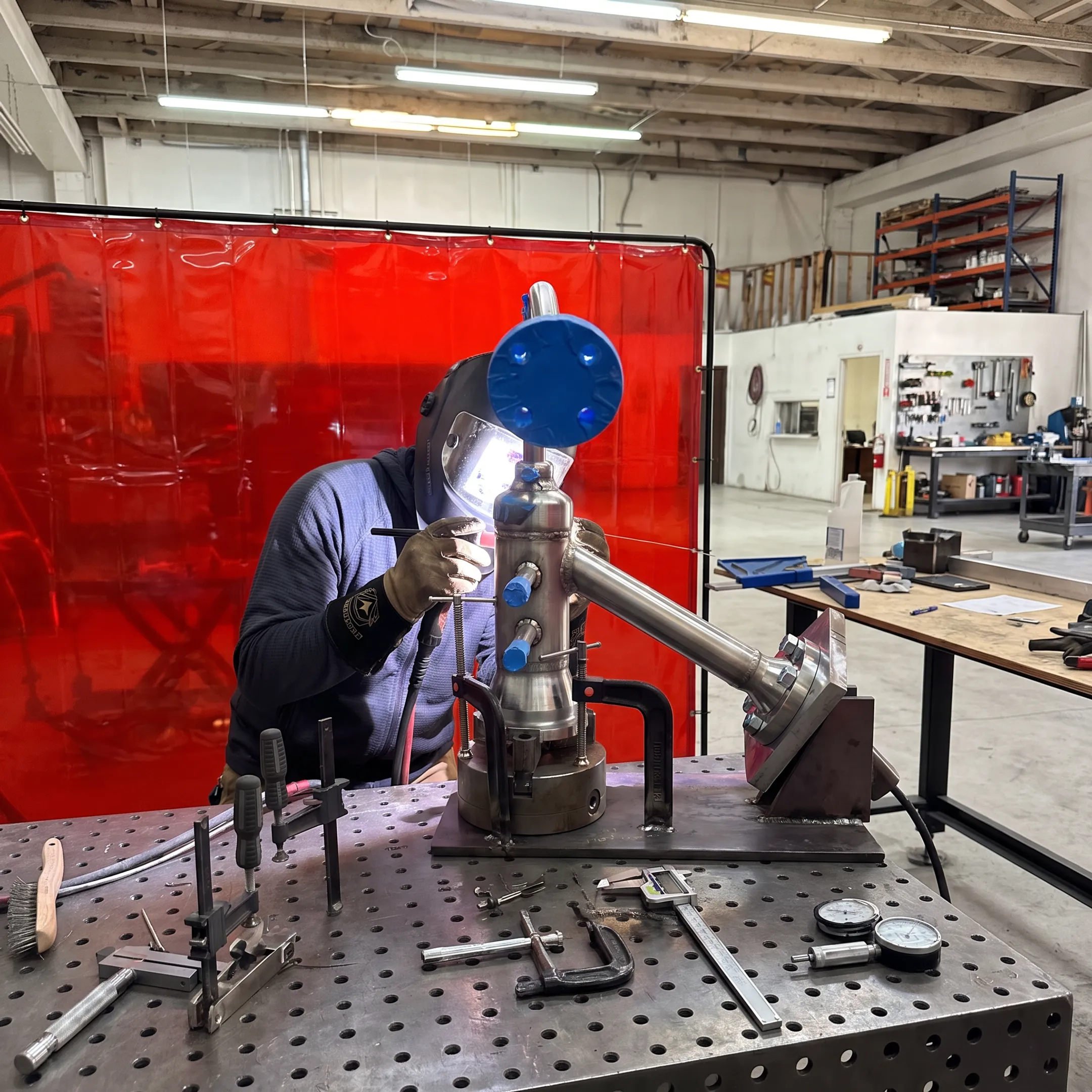 Technician performing precision welding on a specialty metal assembly