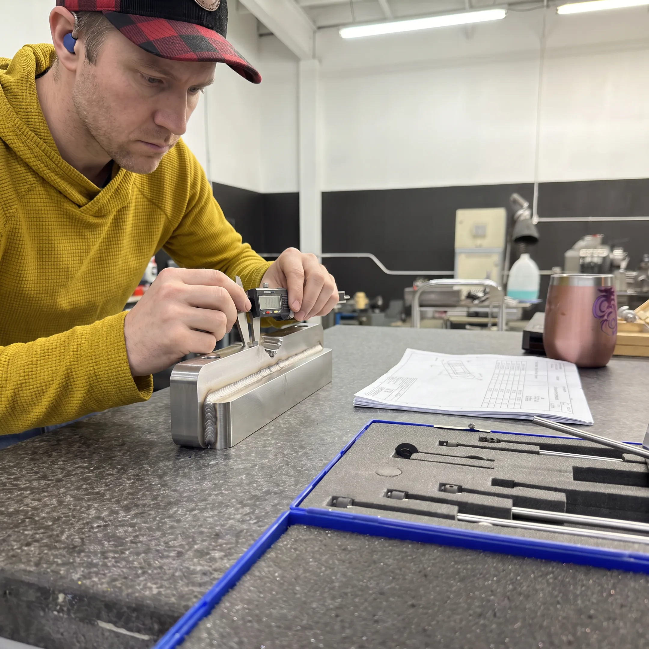 Specialty alloy component being inspected after welding