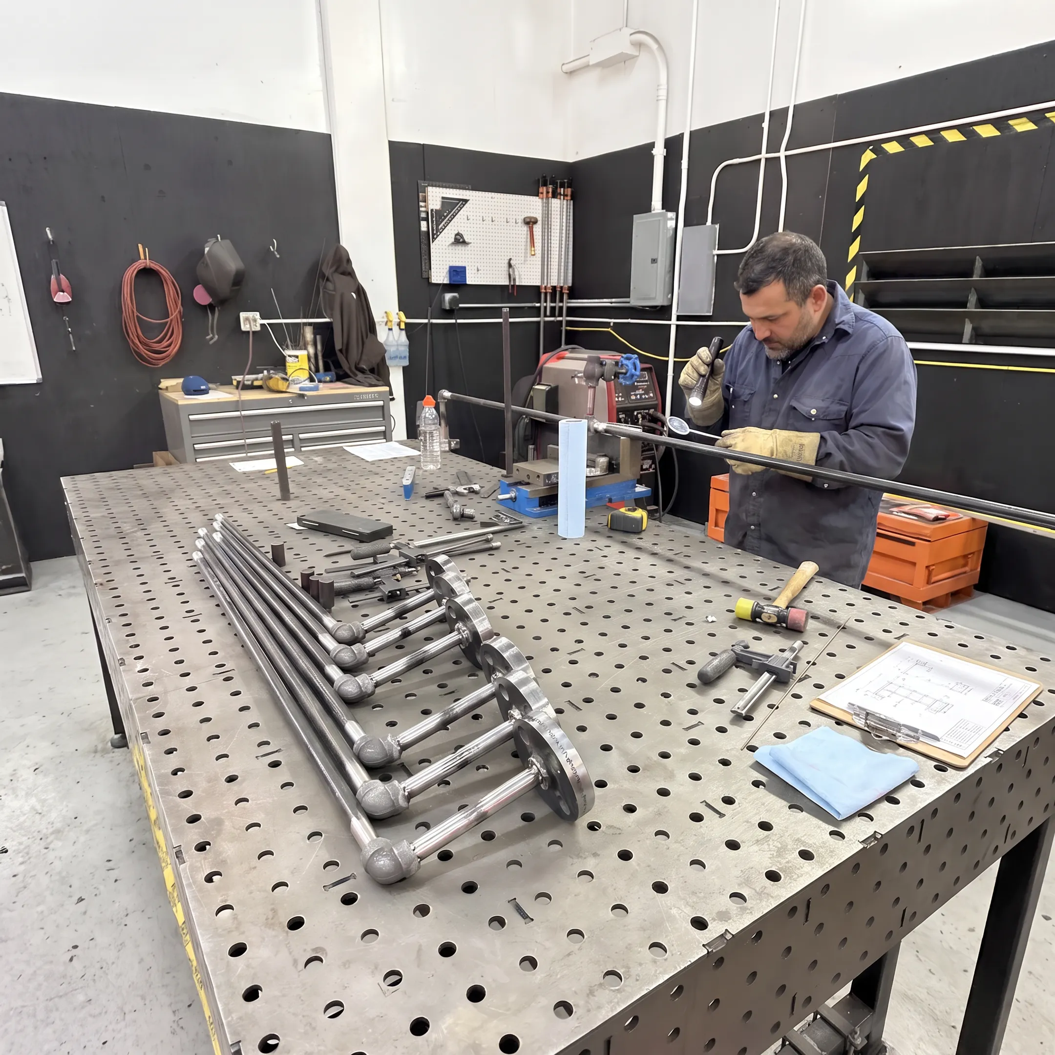 Precision welder inspecting a fabricated piping assembly