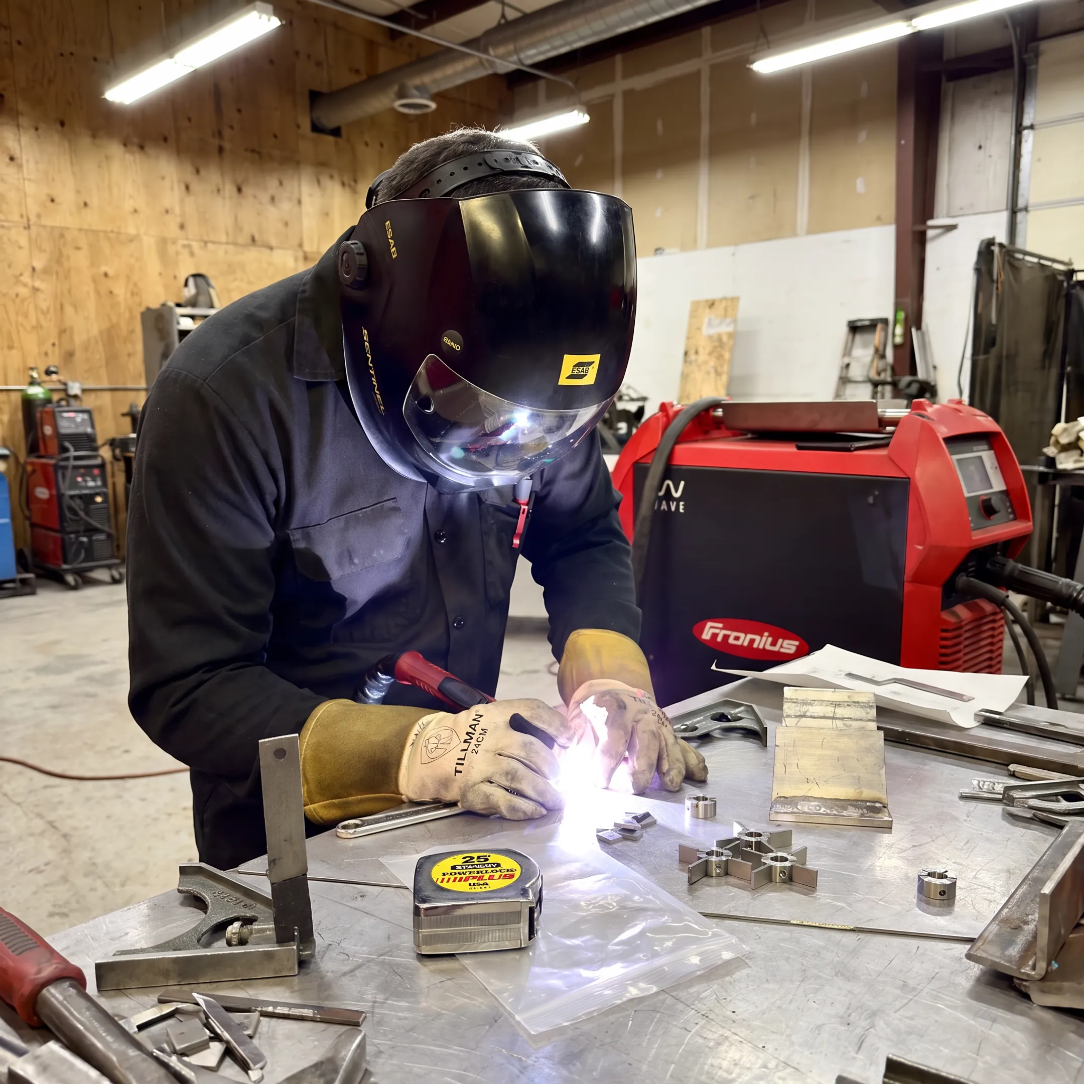Technician inspecting a welded tube assembly