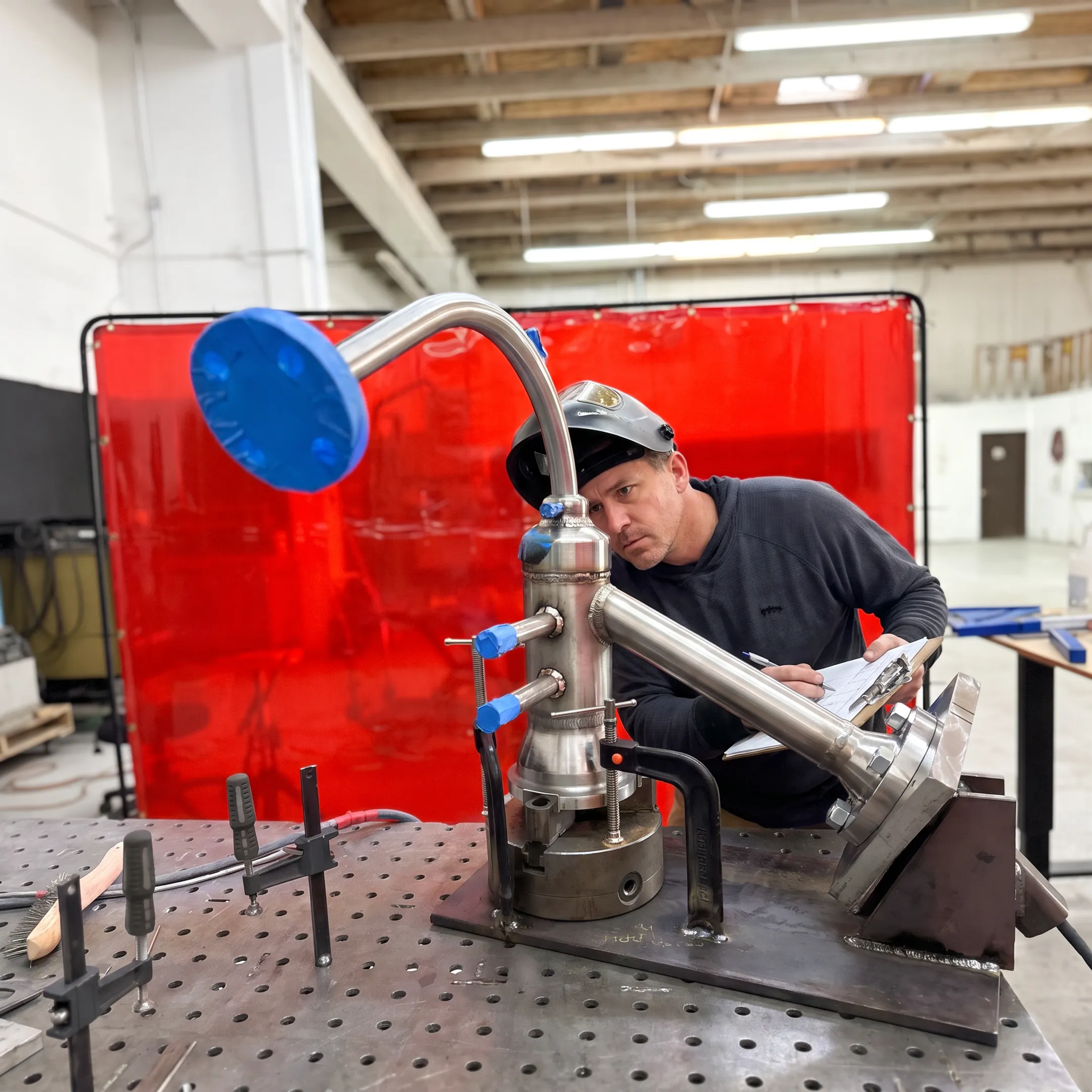 Technician inspecting welded industrial piping