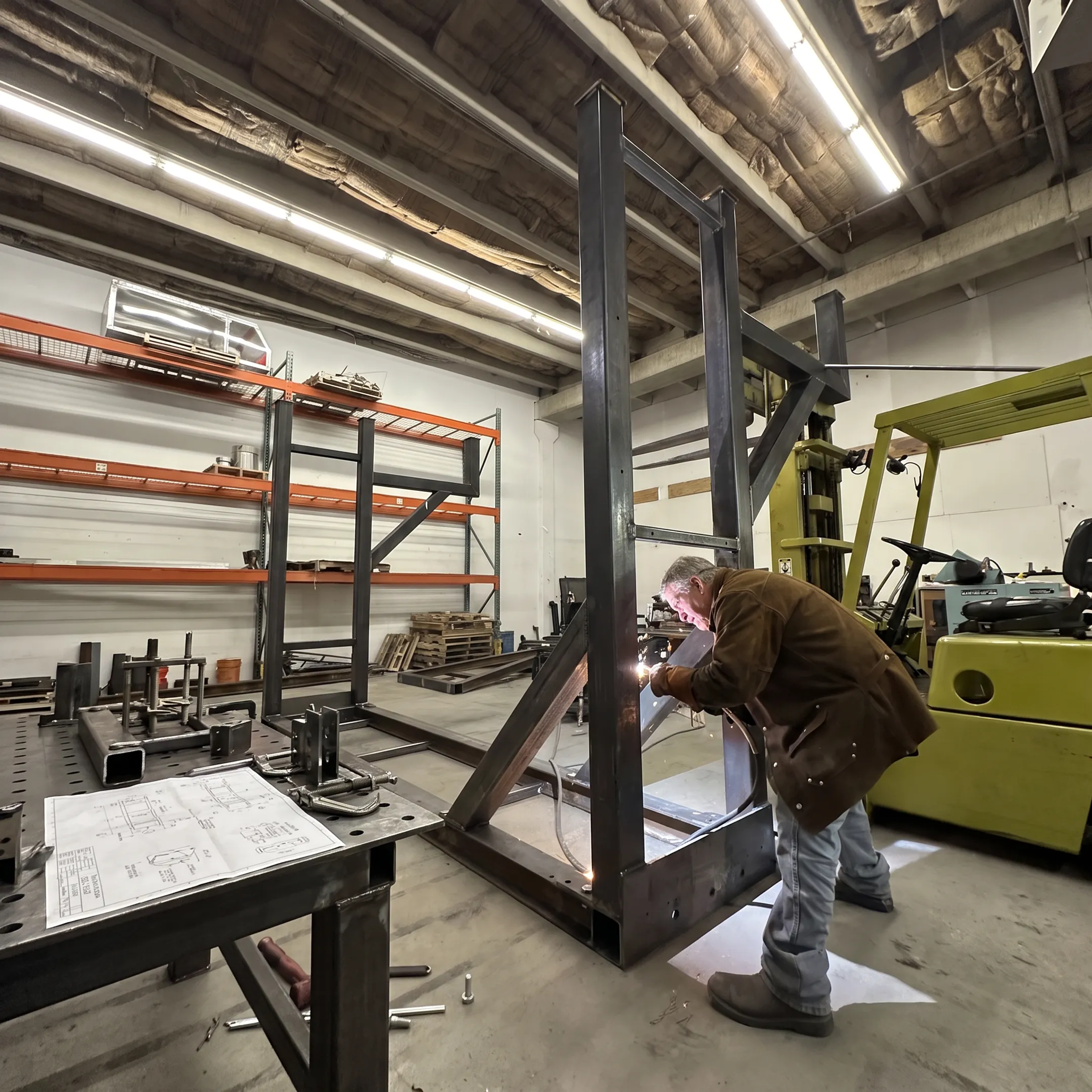 Technicians fabricating custom automation equipment in a precision metalworking shop