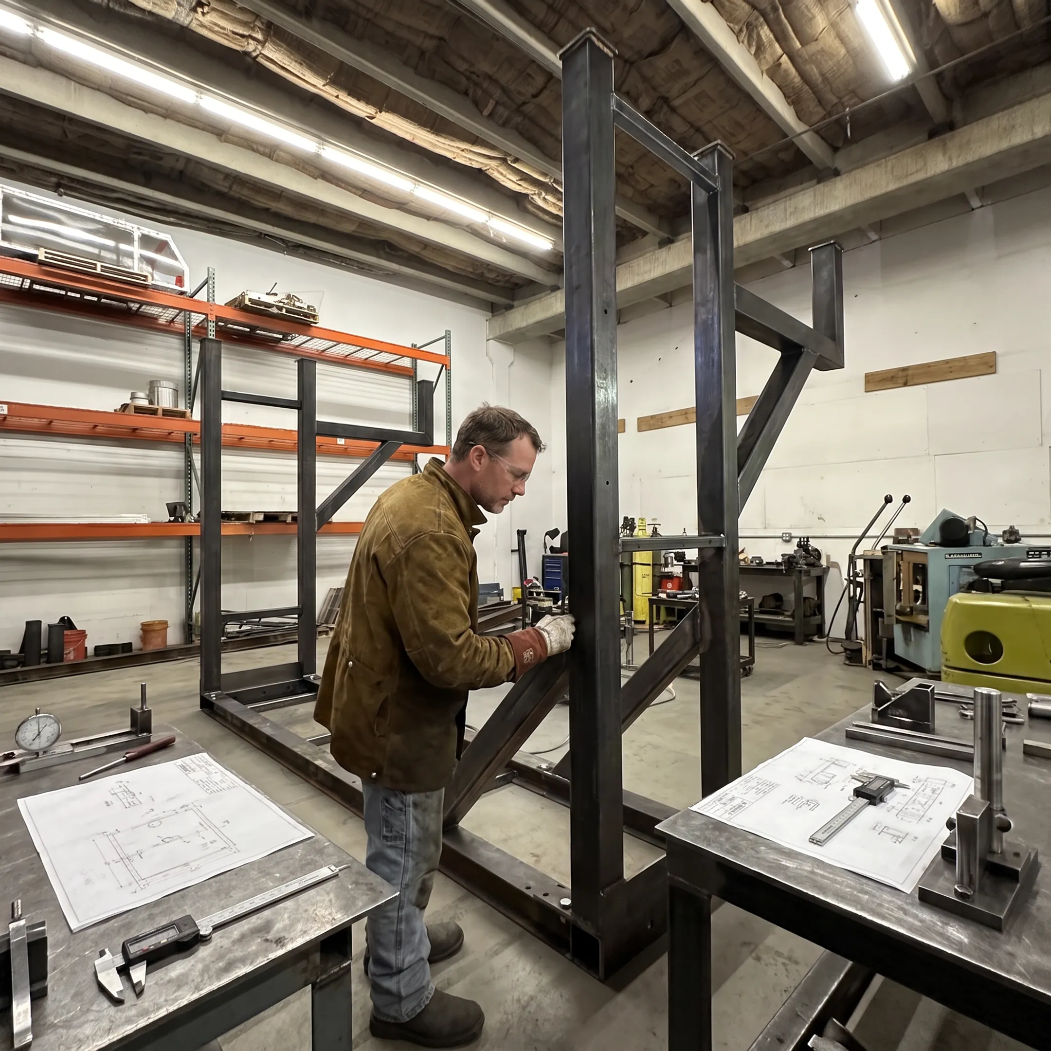 Custom automated equipment assembly being inspected by a fabrication technician