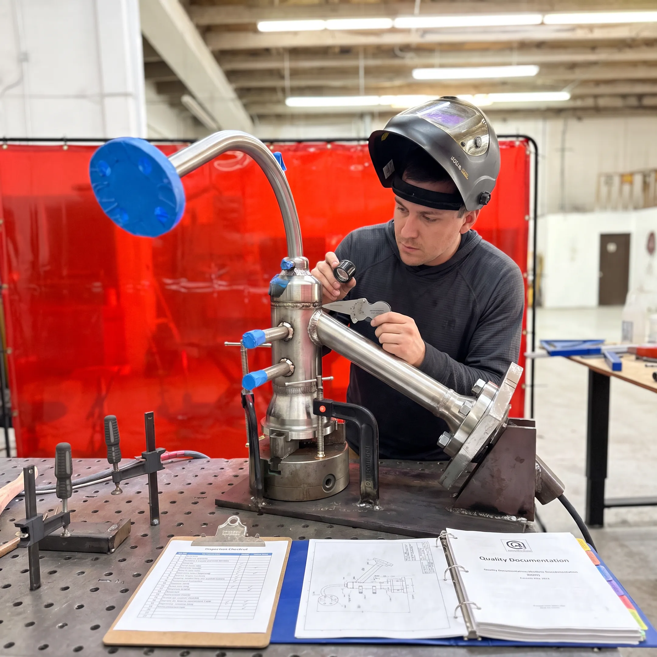 Technician inspecting a welded nickel alloy pipe assembly