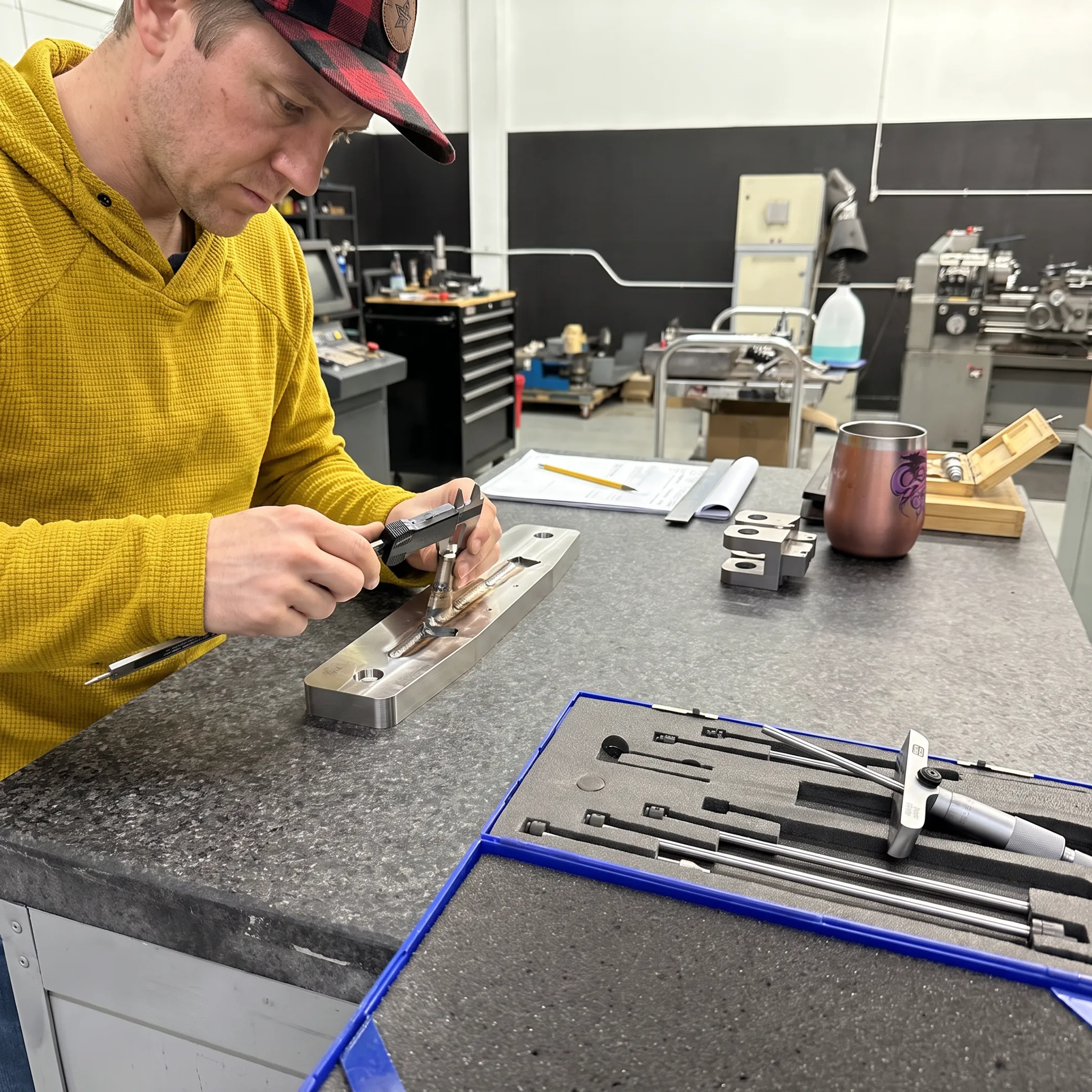 Technician inspecting a precision welded metal component