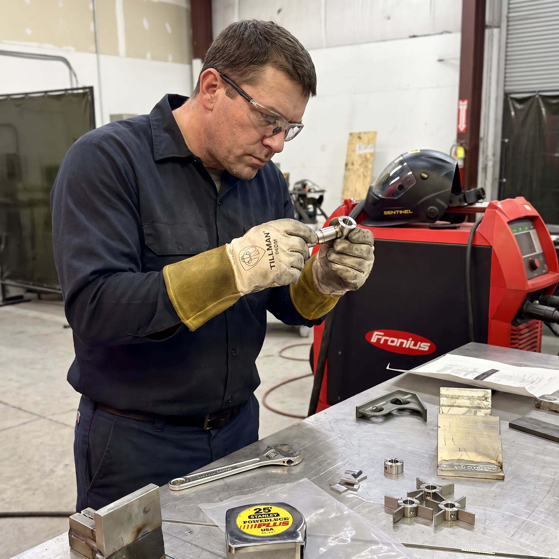 Technician inspecting a welded industrial piping system