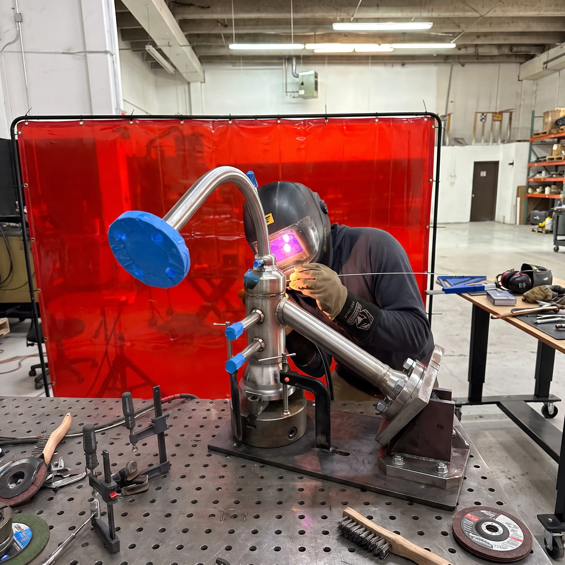 Technician performing precision metal fabrication on a specialty alloy assembly