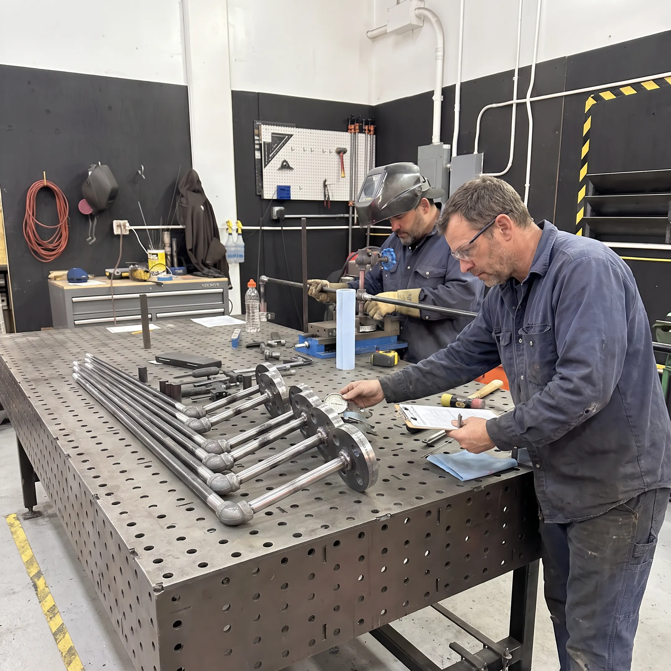 Precision-fabricated metal assembly undergoing detailed inspection
