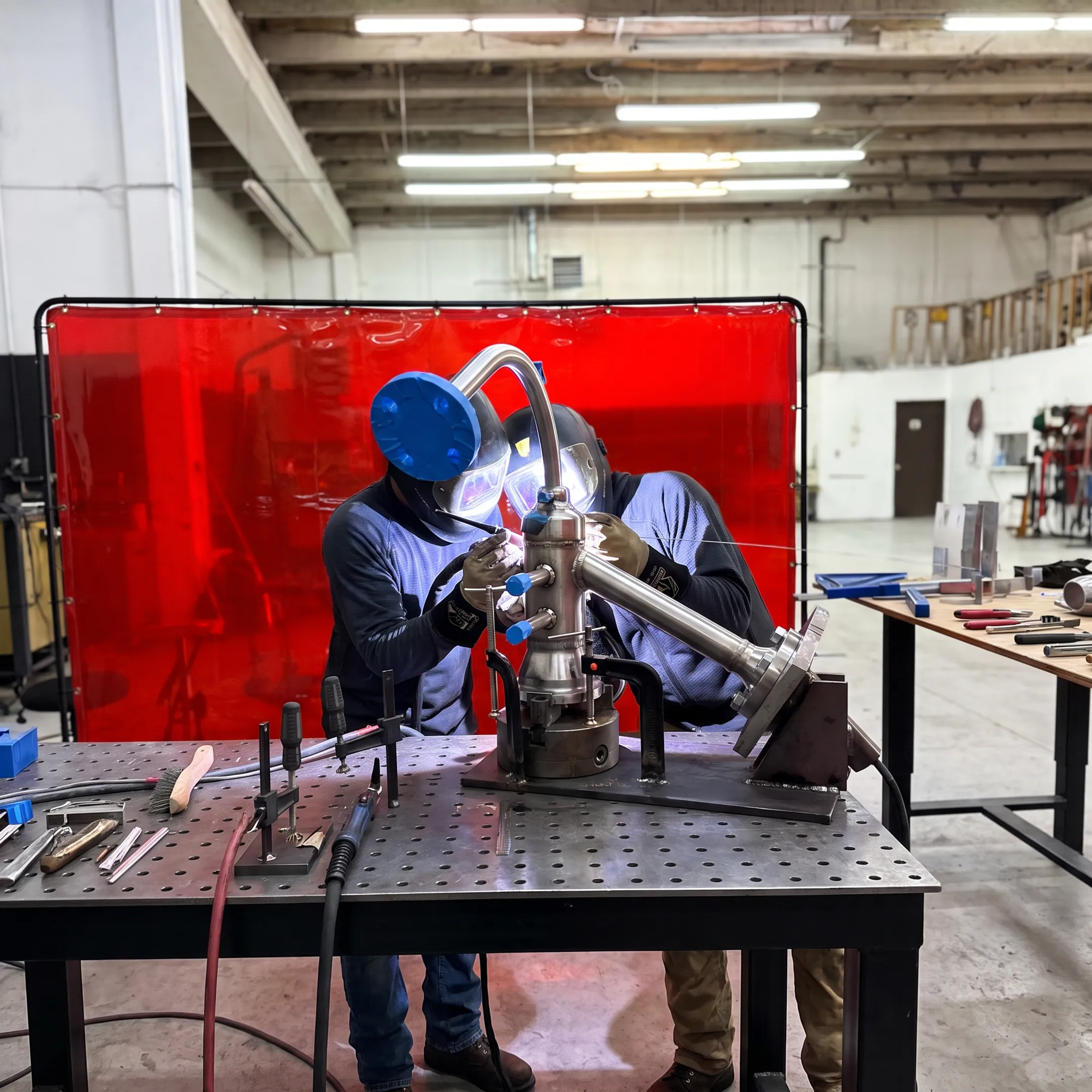 Precision fabrication technician welding a complex metal assembly
