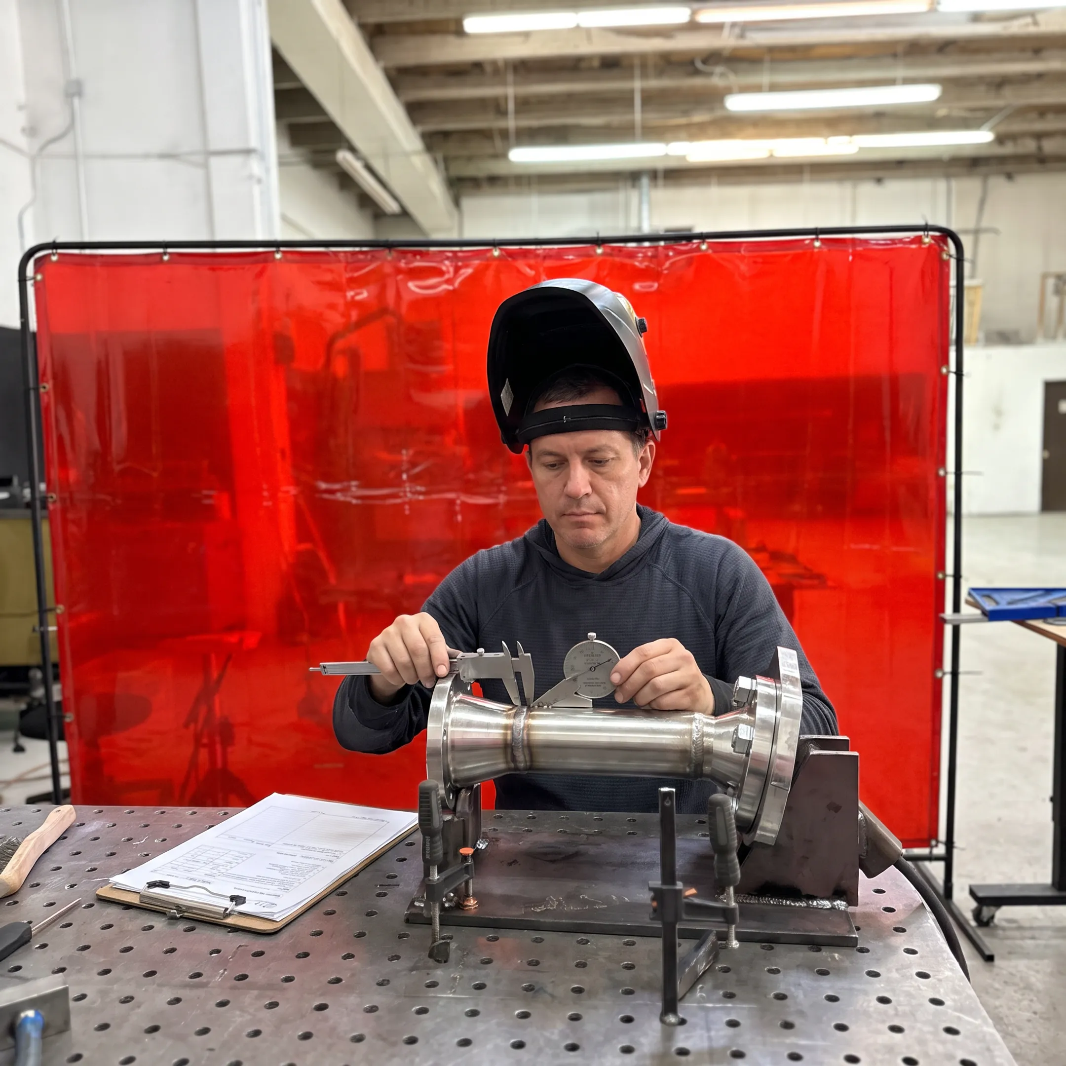 Precision fabricator inspecting a welded steel component