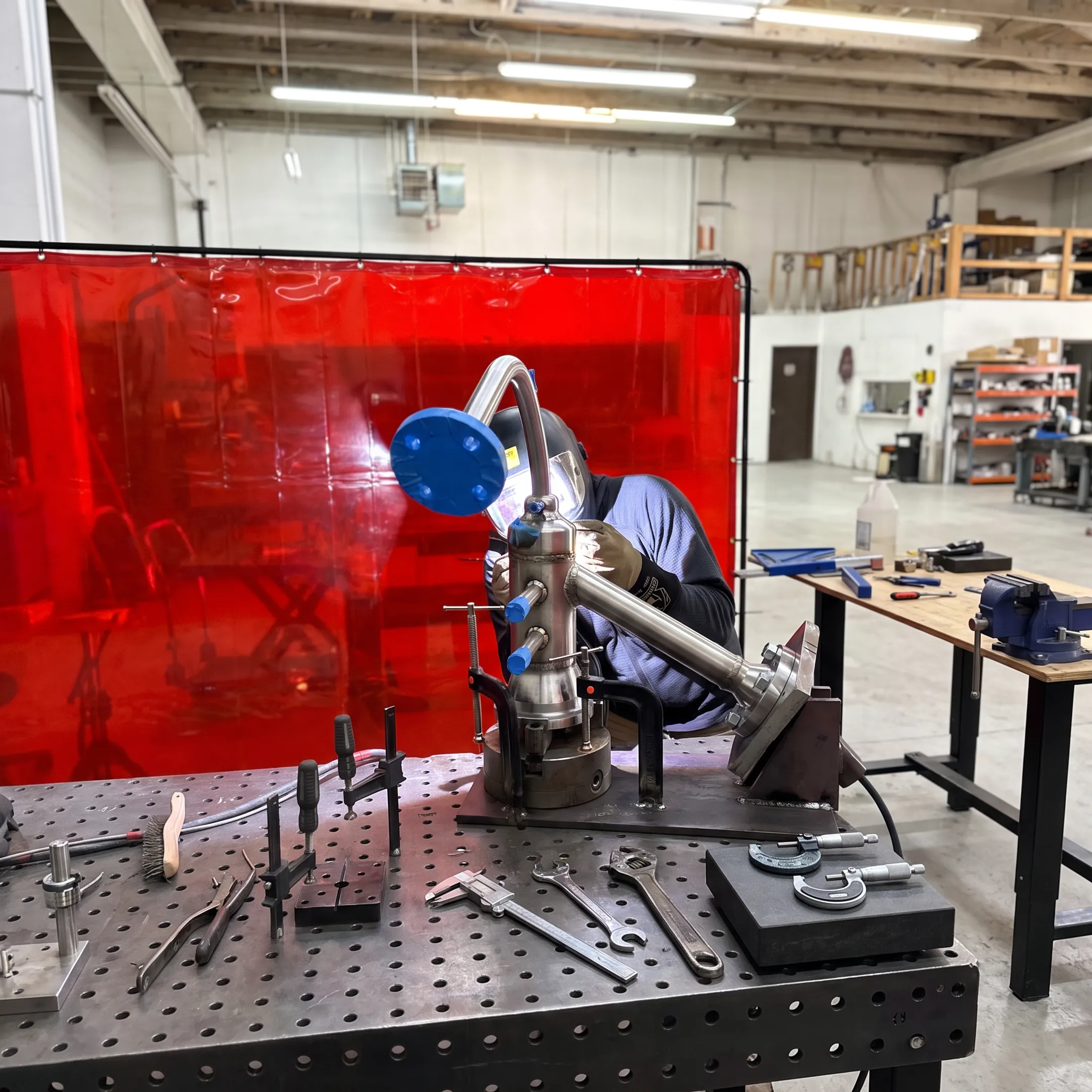 Welder fabricating a precision steel assembly in a controlled metalworking shop