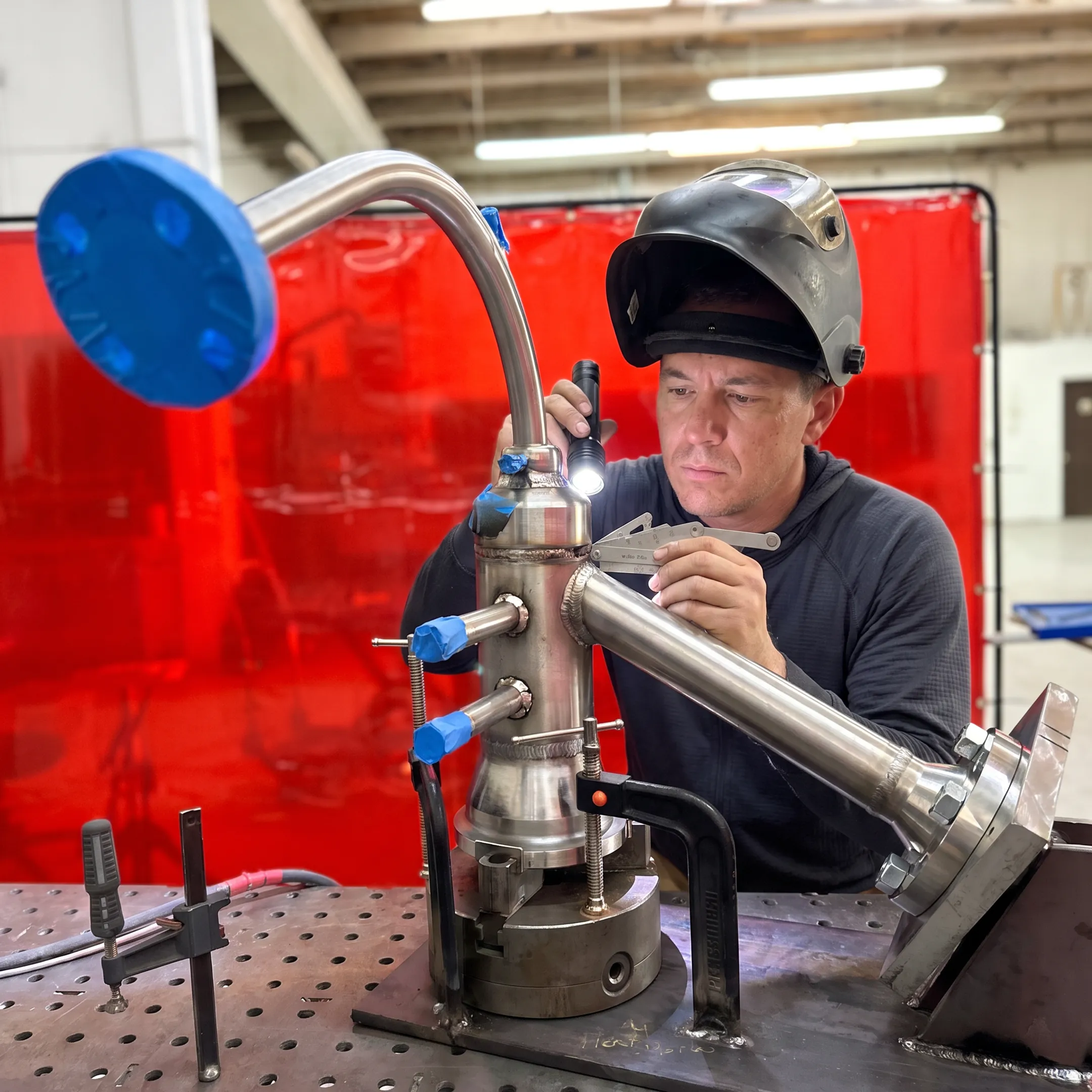 Technician inspecting a welded aluminum pressure vessel