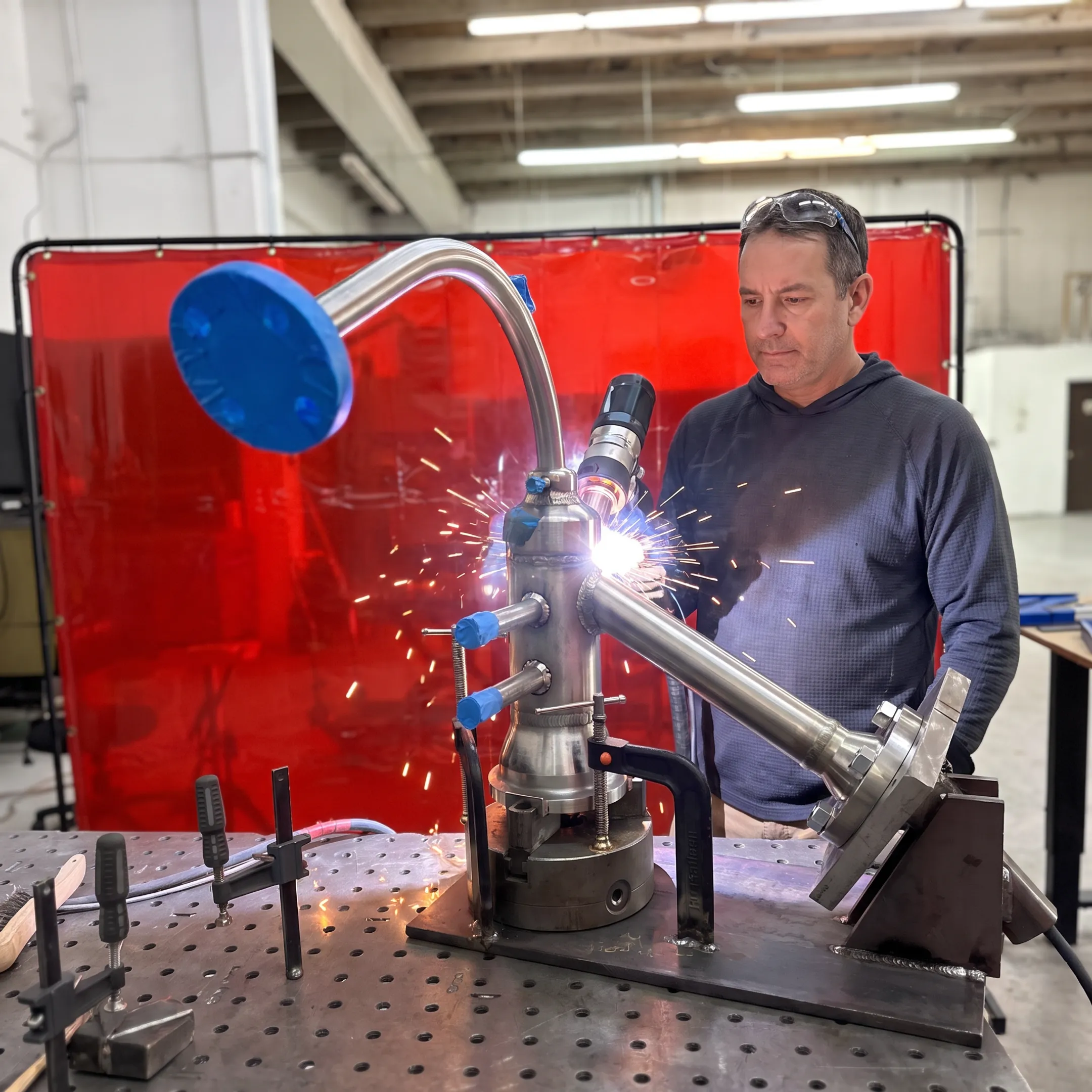 Technician monitoring an automated welding process