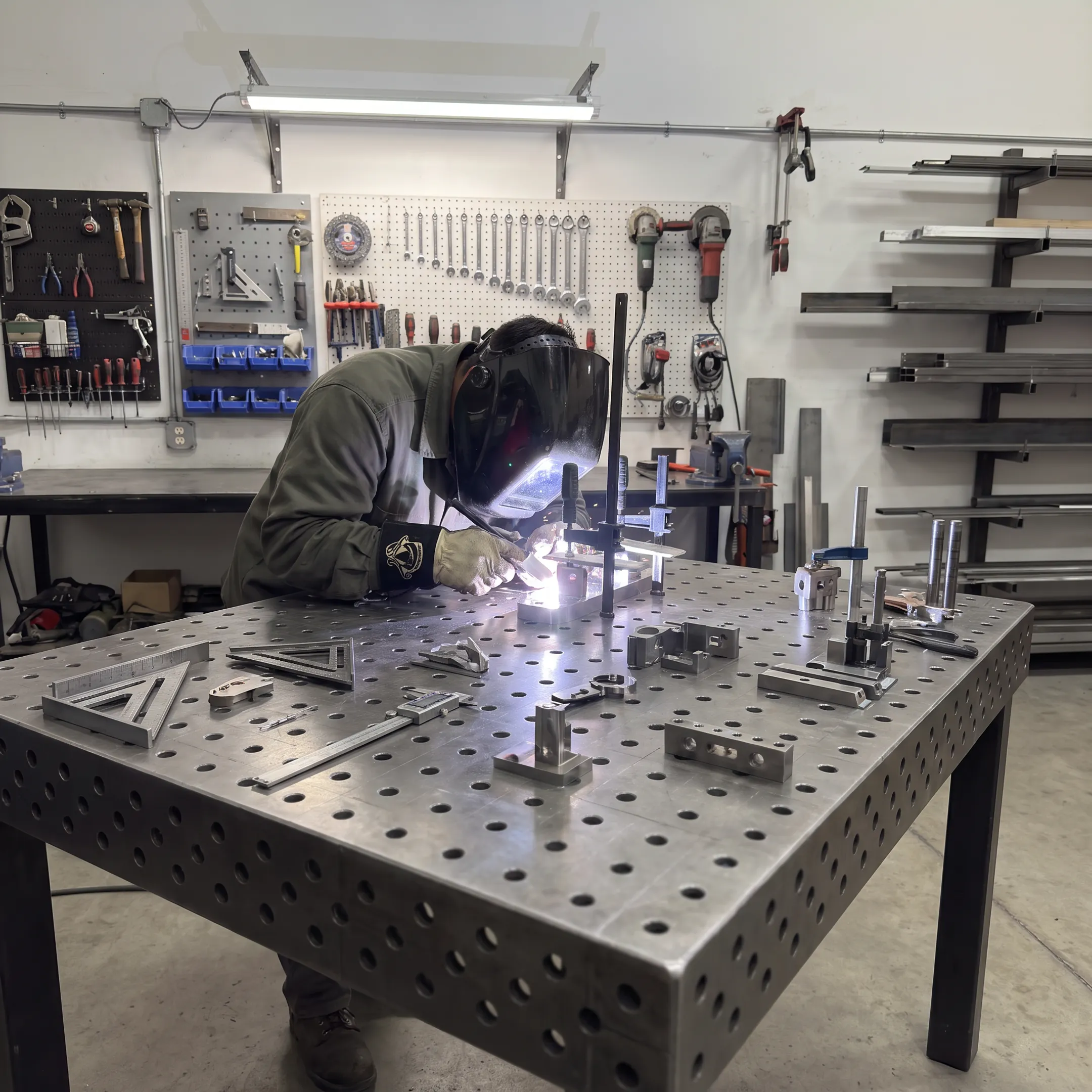 Technician welding a precision metal prototype in a controlled fabrication workspace