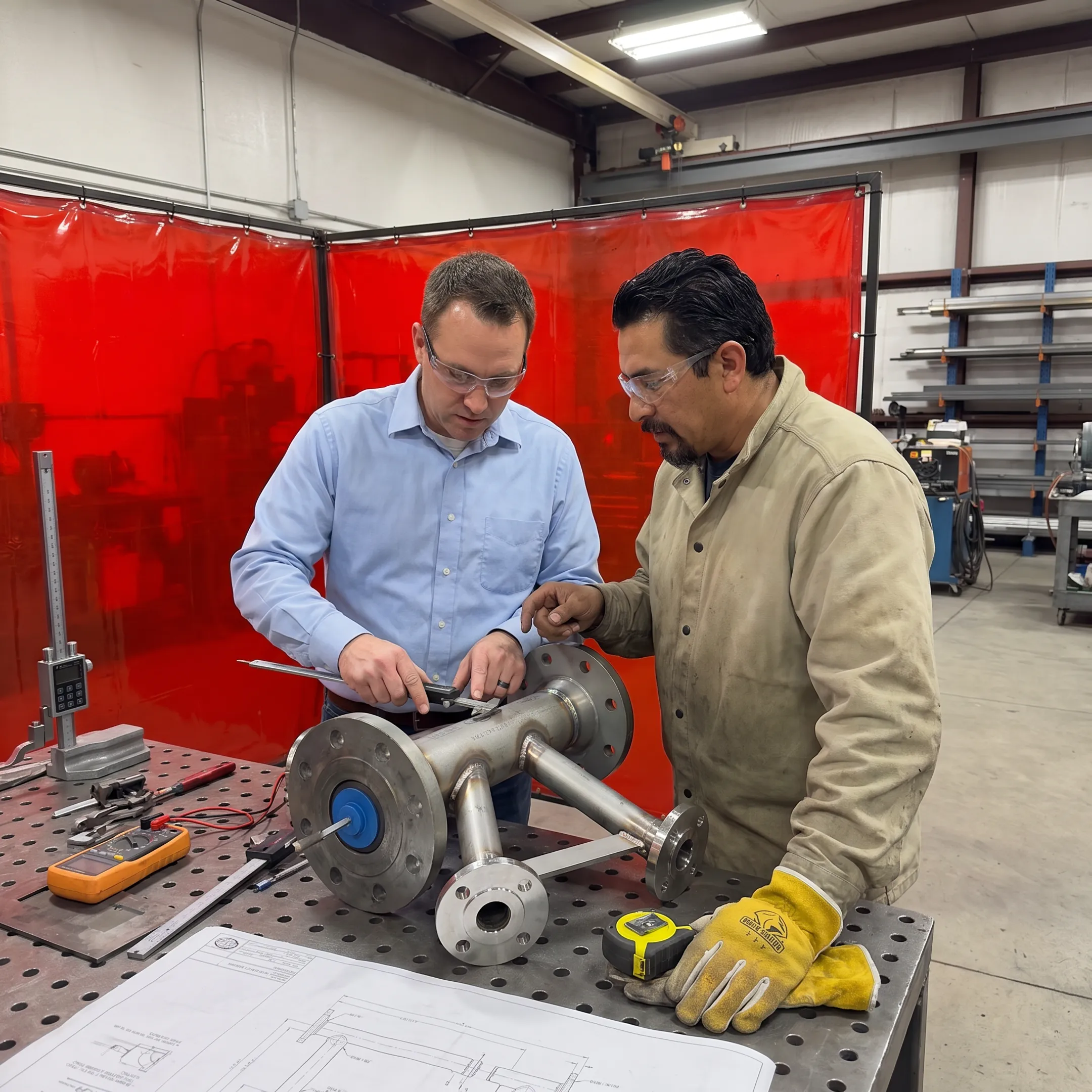 Engineer reviewing a welded prototype assembly with a fabricator