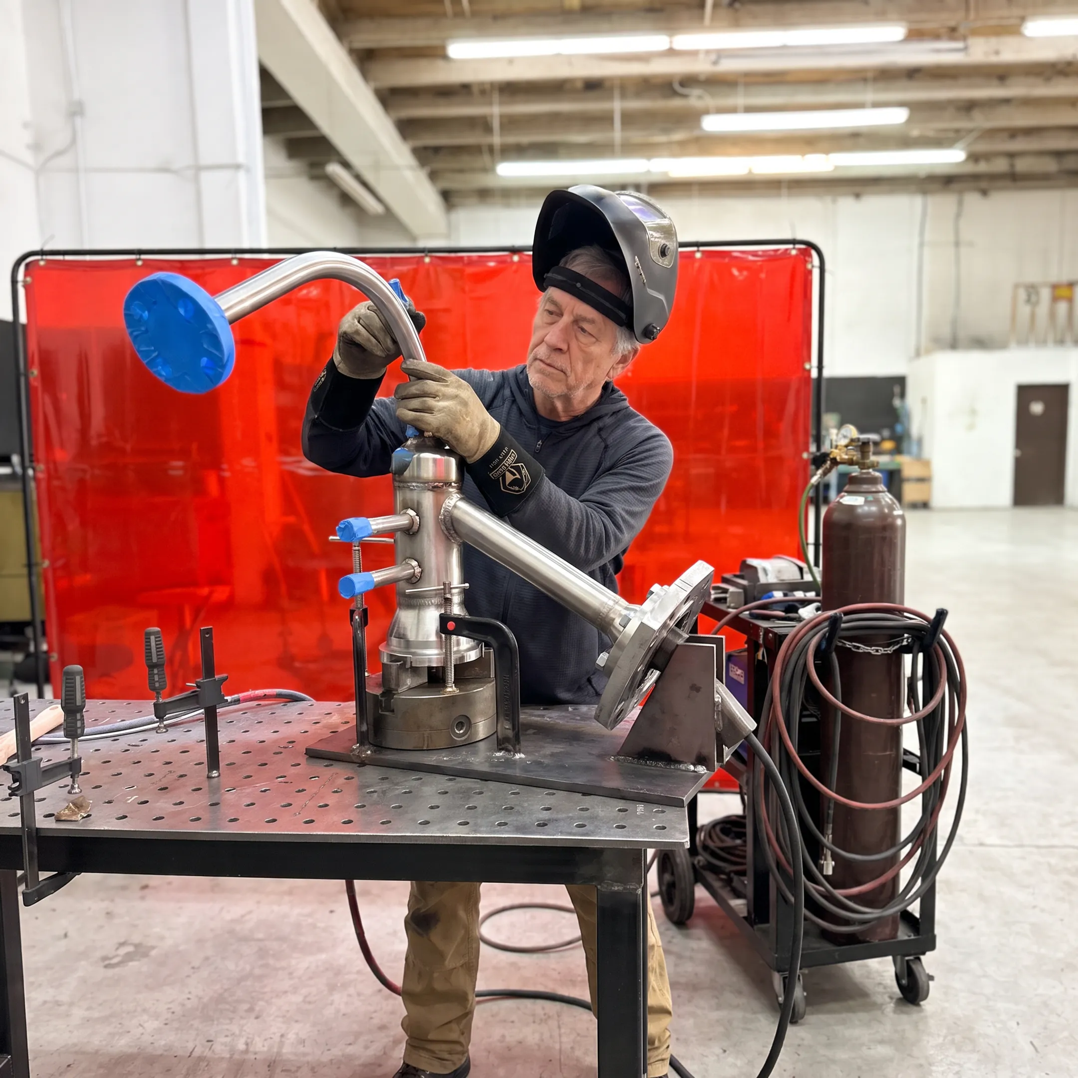 Technician inspecting a mobile welded metal assembly