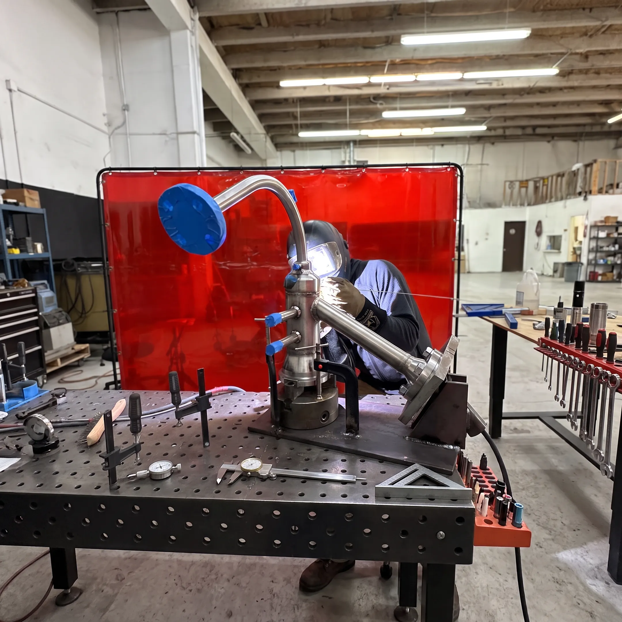 Fabricator welding a precision metal assembly in a controlled workshop