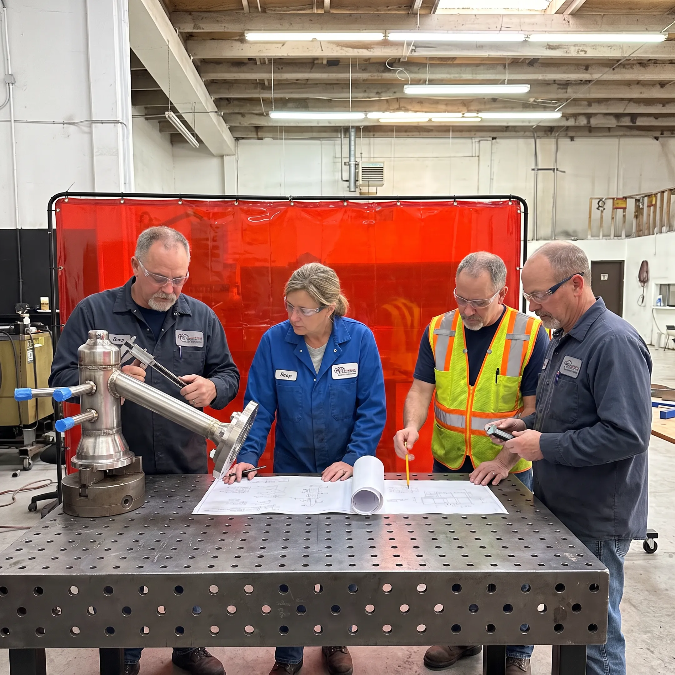 Technicians inspecting a precision welded assembly