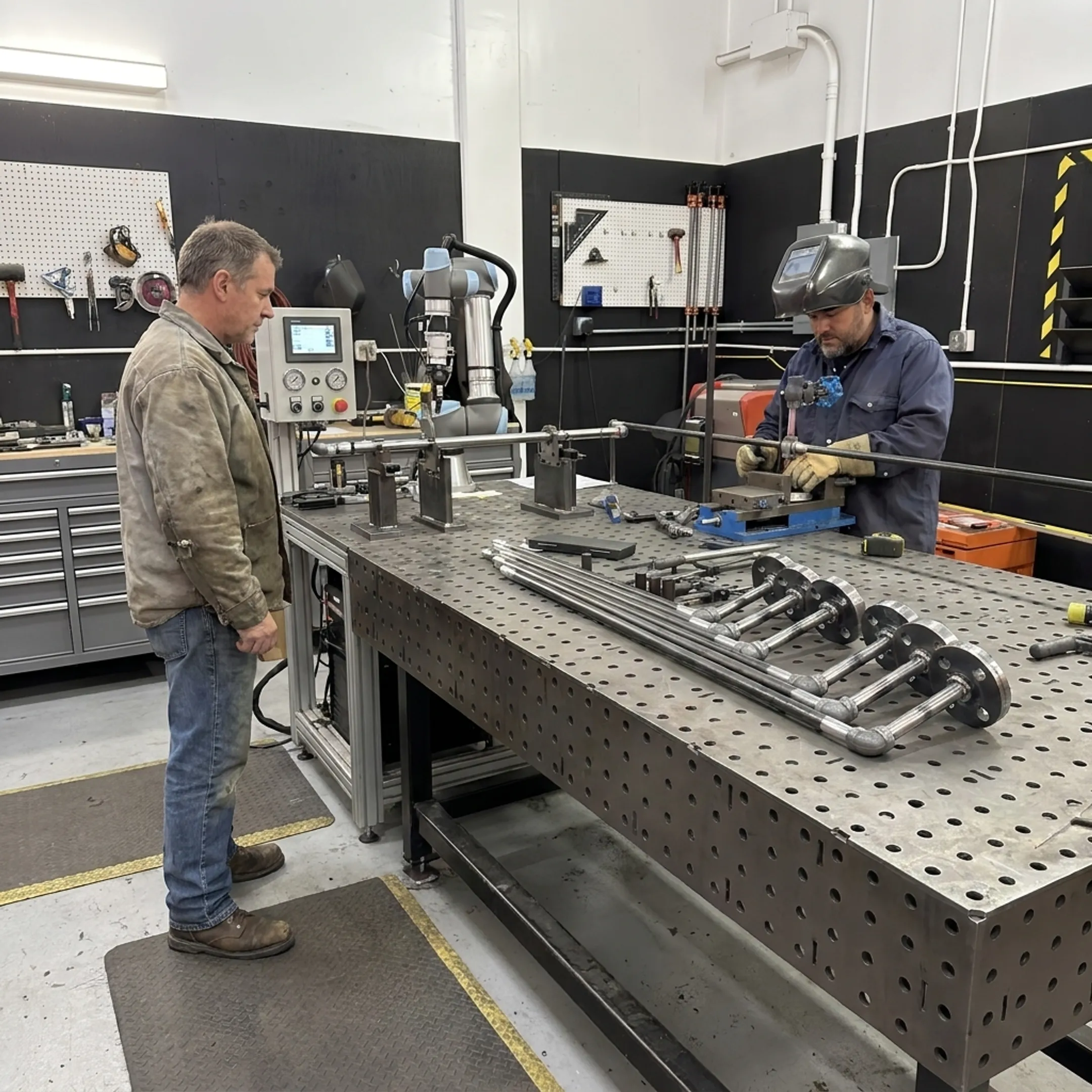 Technician overseeing robotic pipe welding fabrication