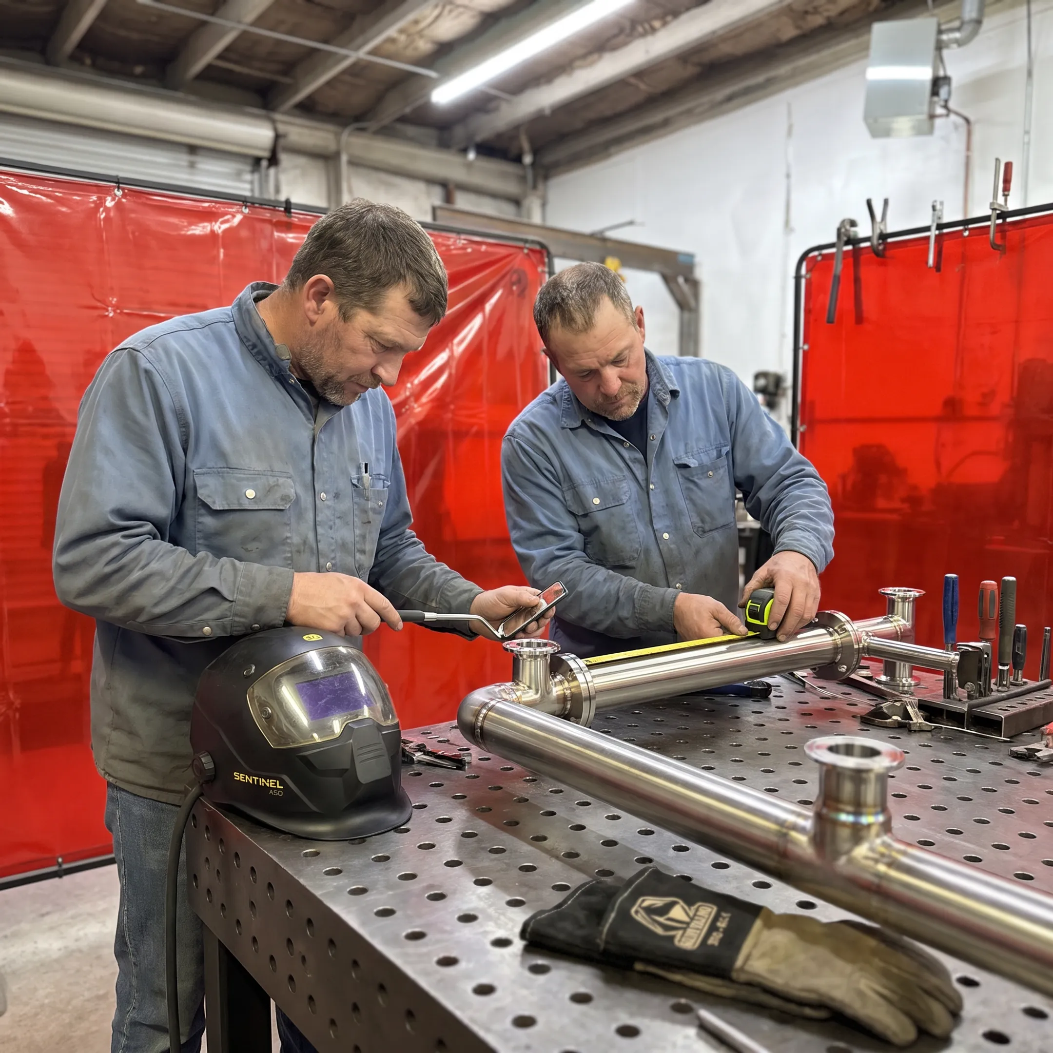 Stainless steel process piping assembly in fabrication shop