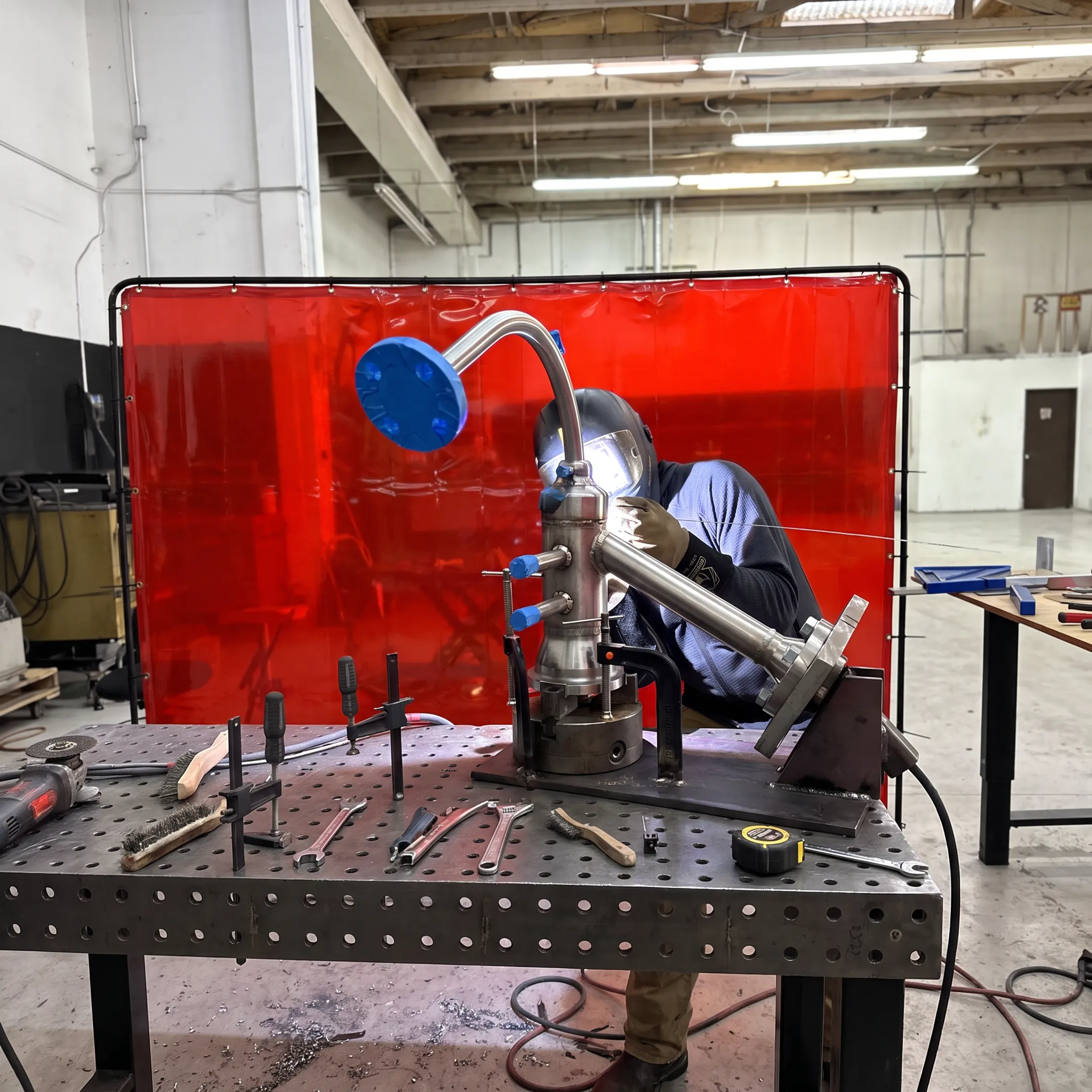 Fabricator welding an industrial stainless steel piping assembly