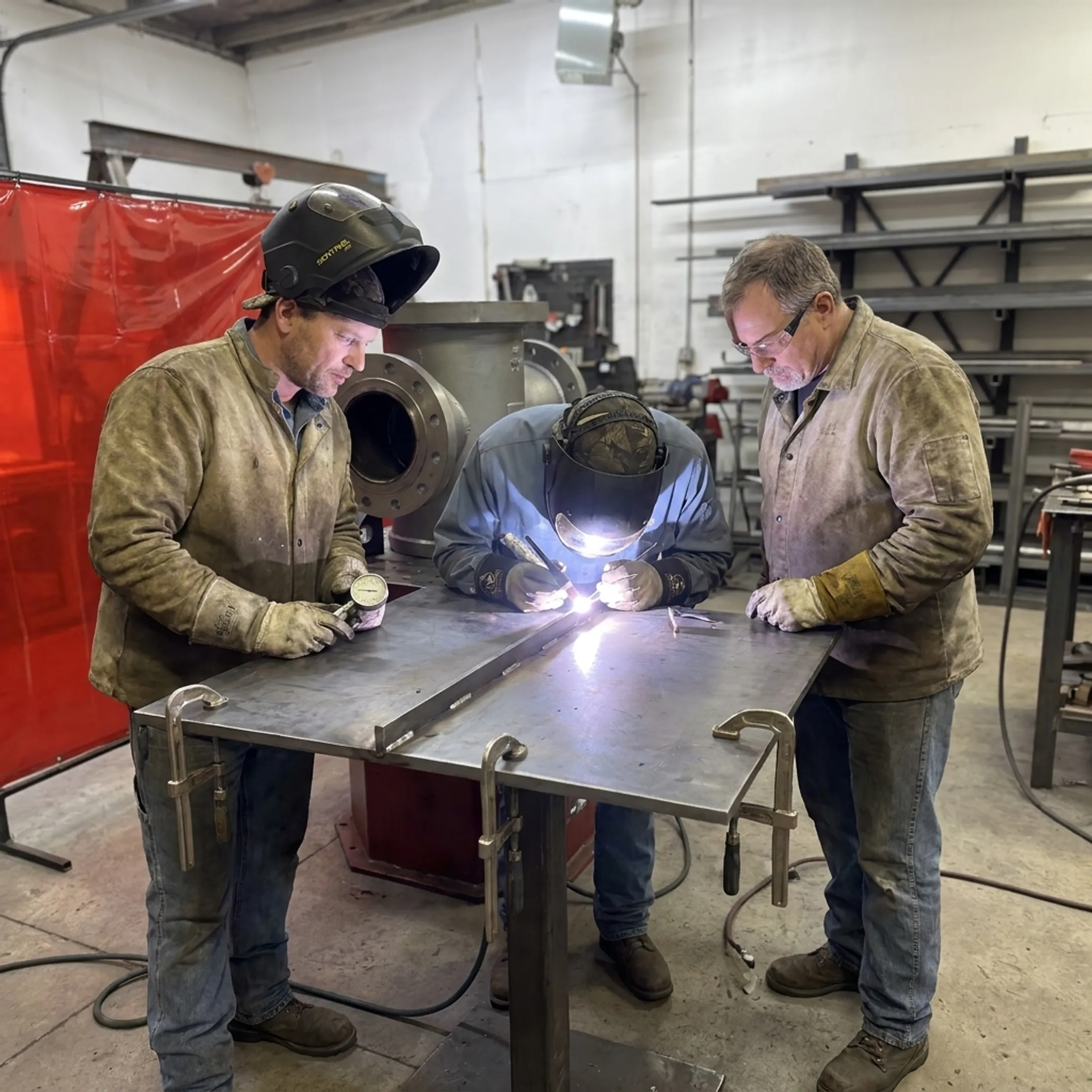 Technicians welding a large fabricated metal assembly