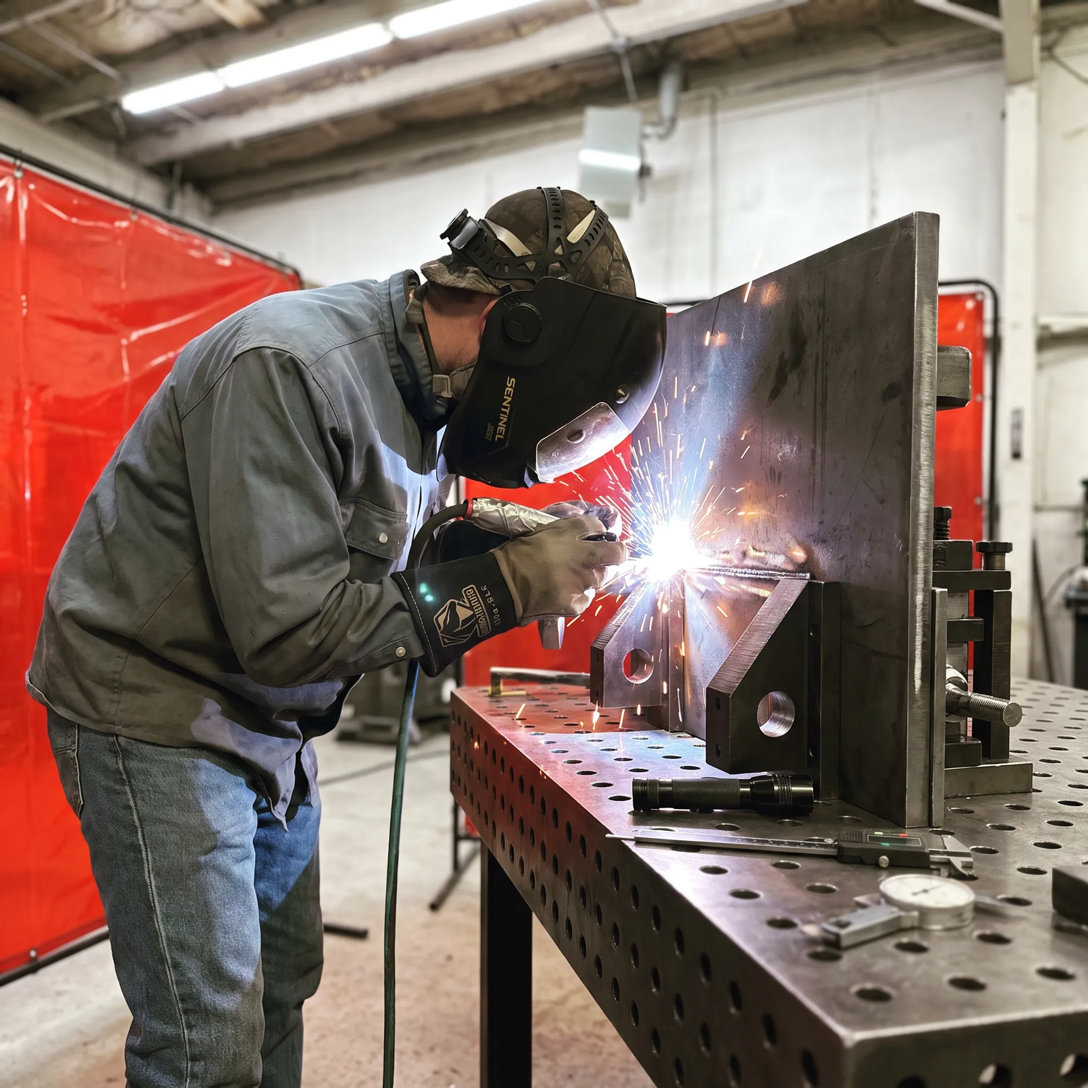 Welder fabricating a heavy plate steel assembly in a precision metalworking shop