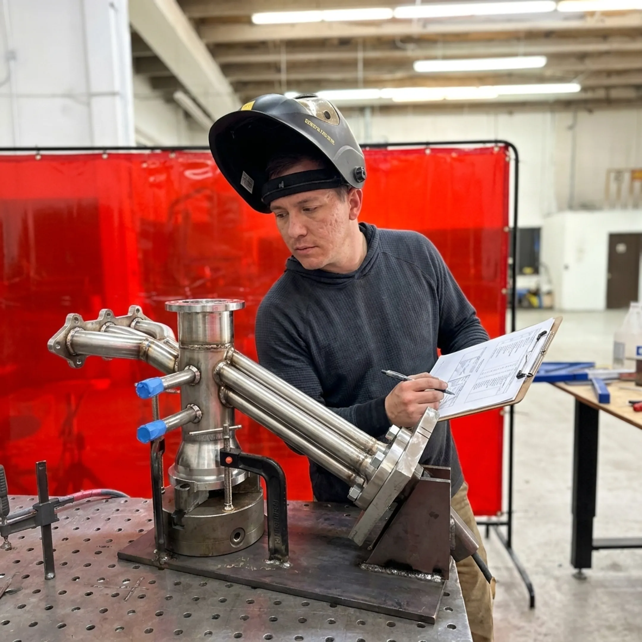 Fabricator inspecting a welded heat exchanger component