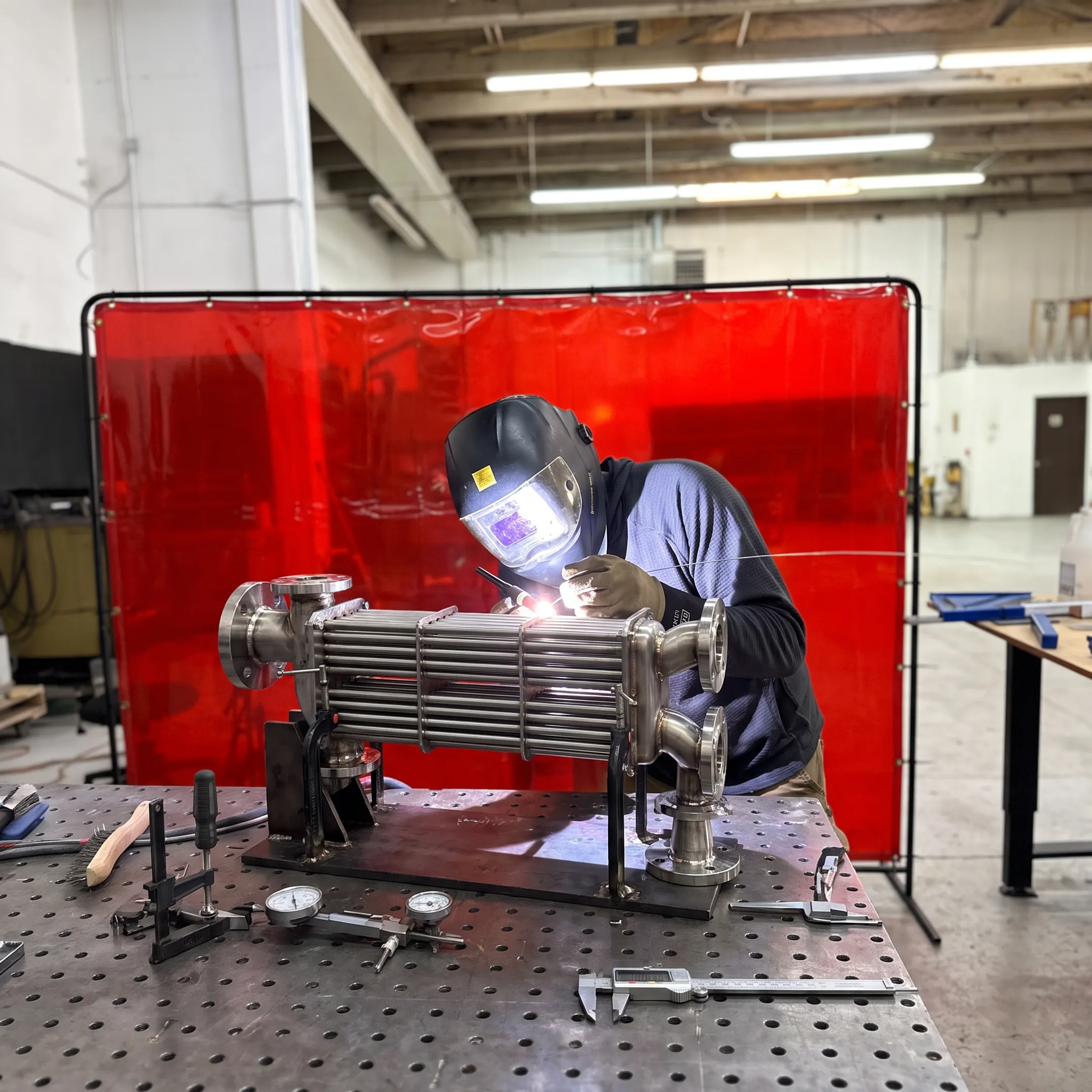 Technician welding a fabricated heat exchanger assembly
