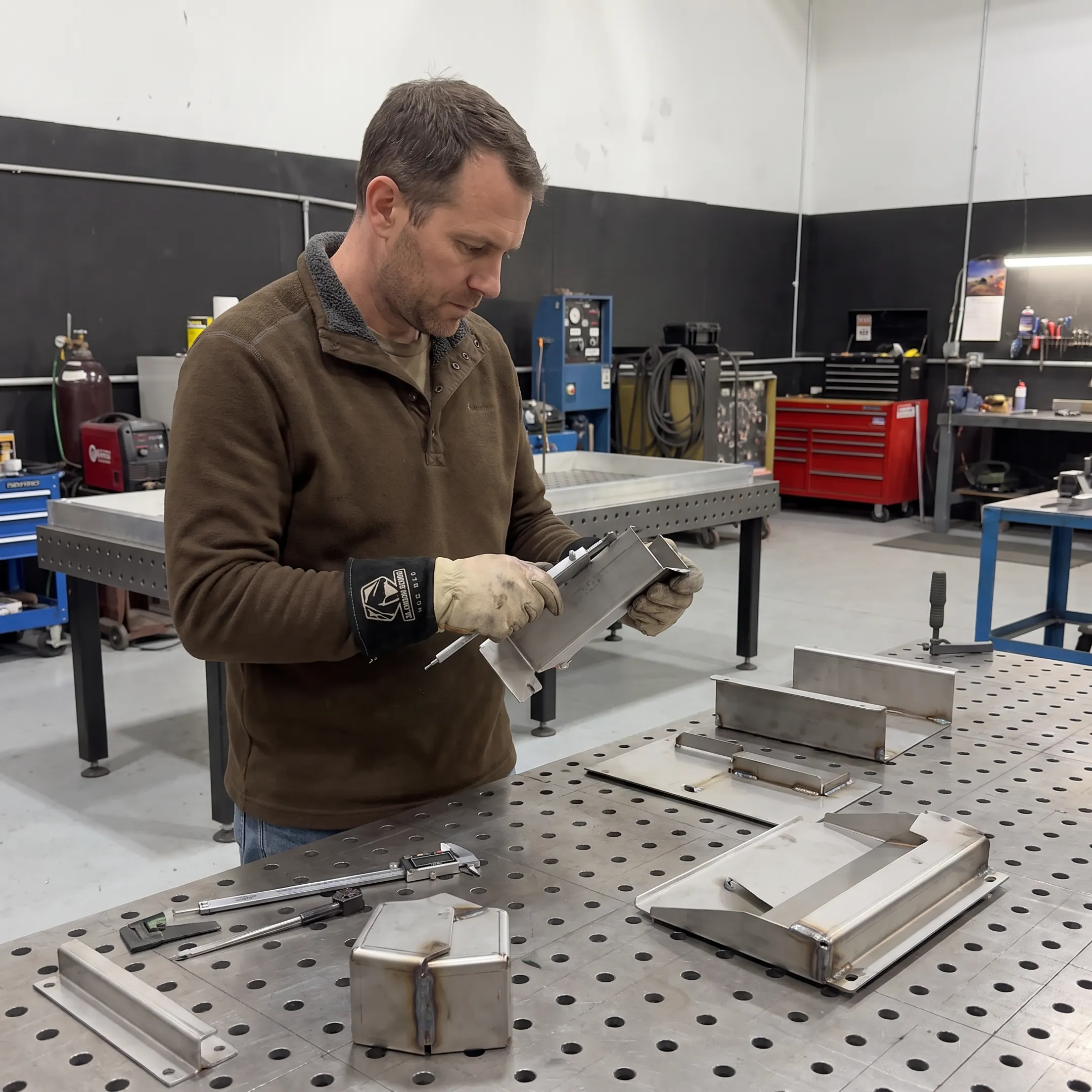 Technician fabricating a precision sheet metal prototype
