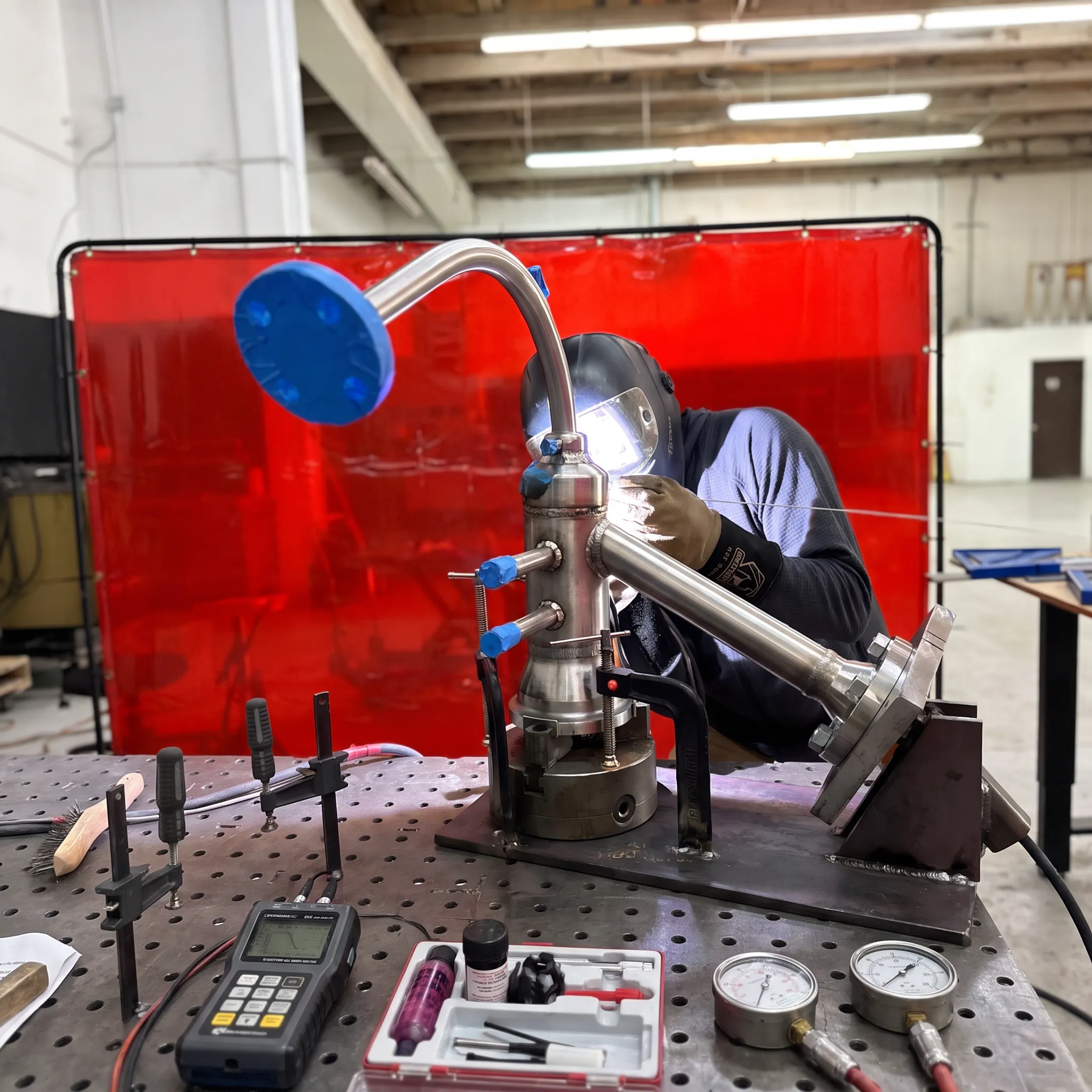 Welder fabricating a clad pressure vessel assembly in a precision metalworking facility
