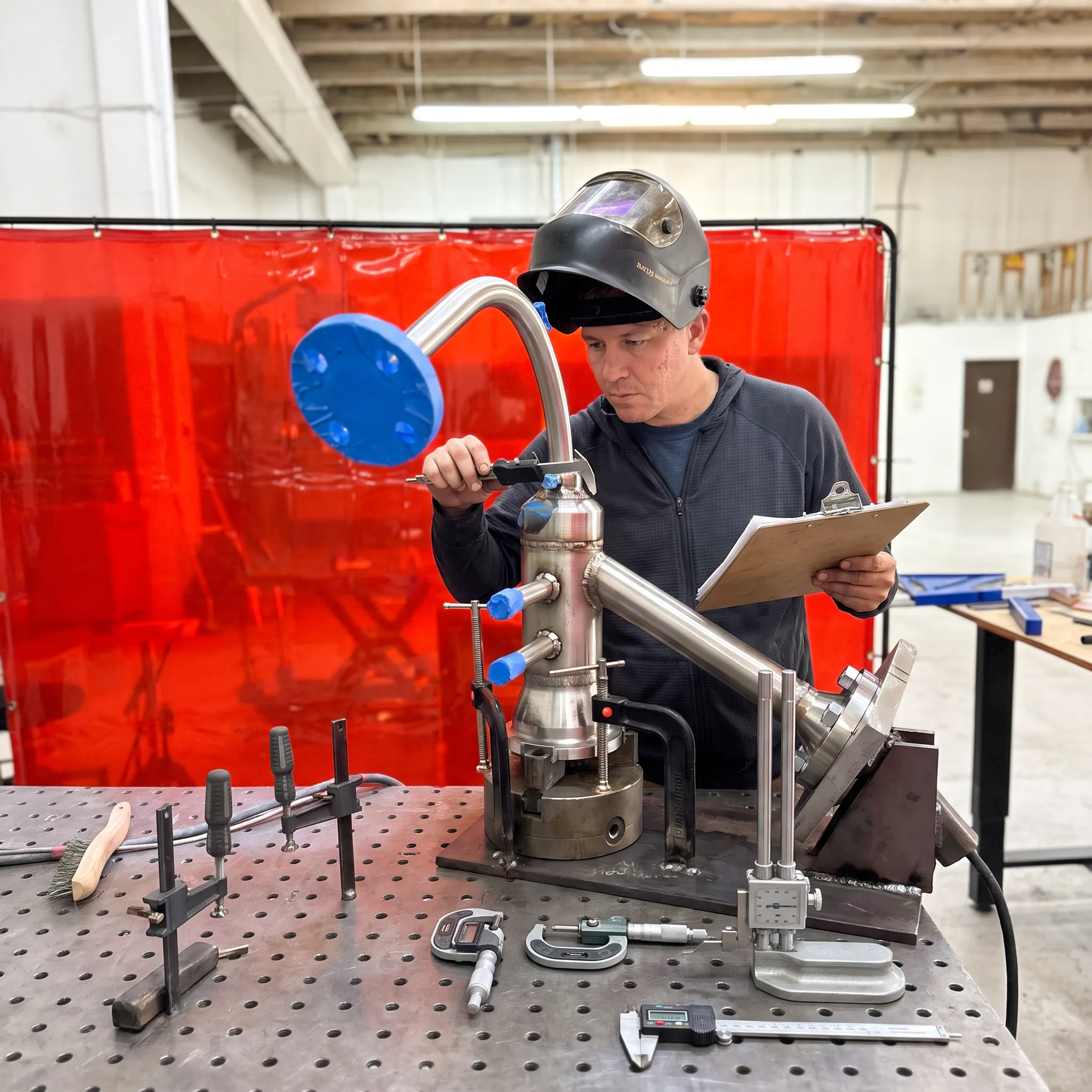 Technician inspecting a welded clad pressure vessel component
