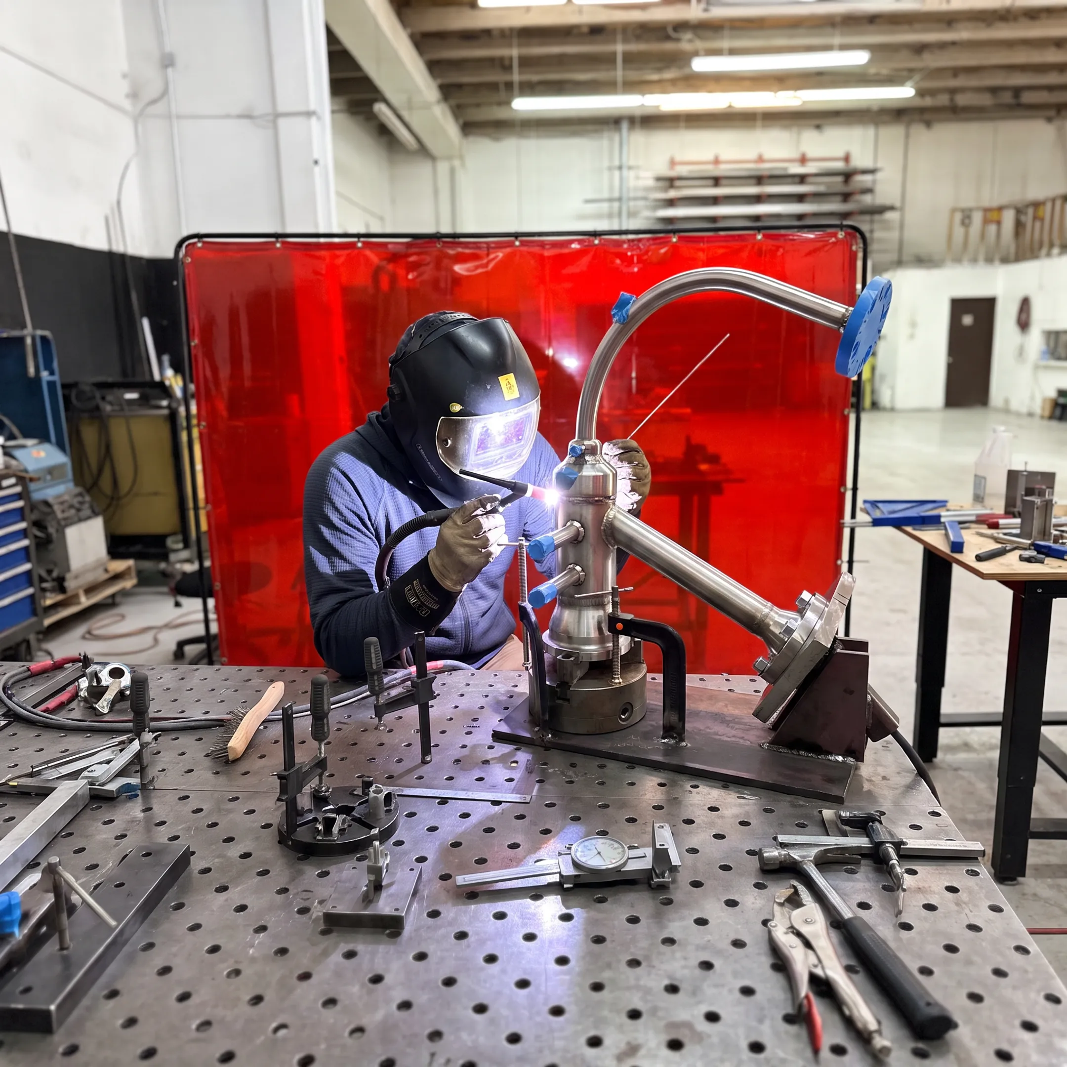 Welder performing precision TIG welding on a specialty metal assembly