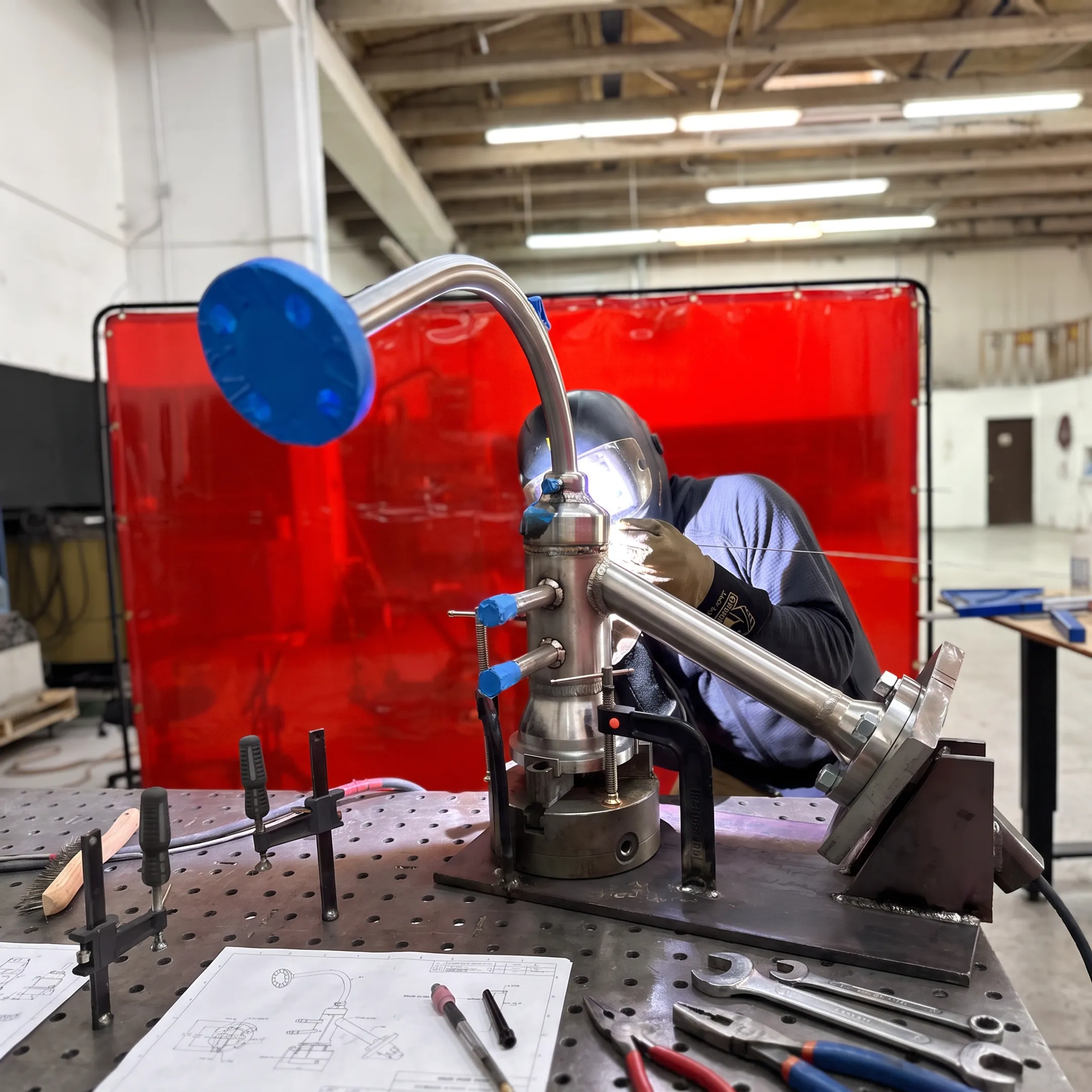 Welder fabricating a precision metal assembly in a professional workshop