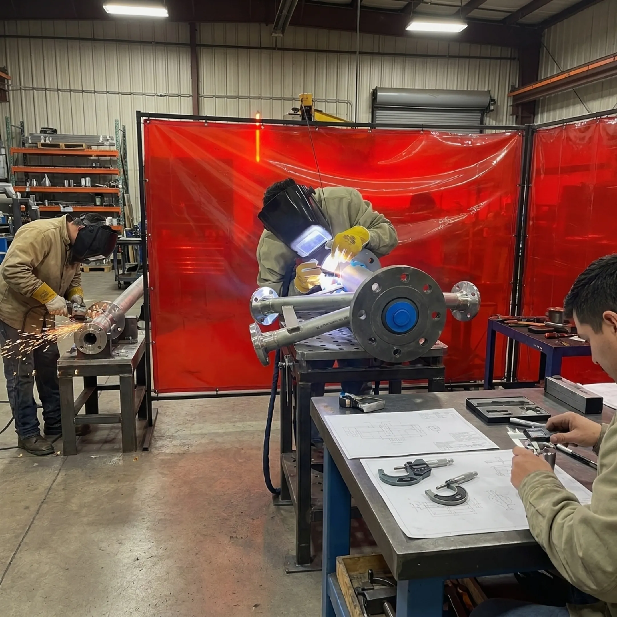 Fabricators assembling a precision welded metal component