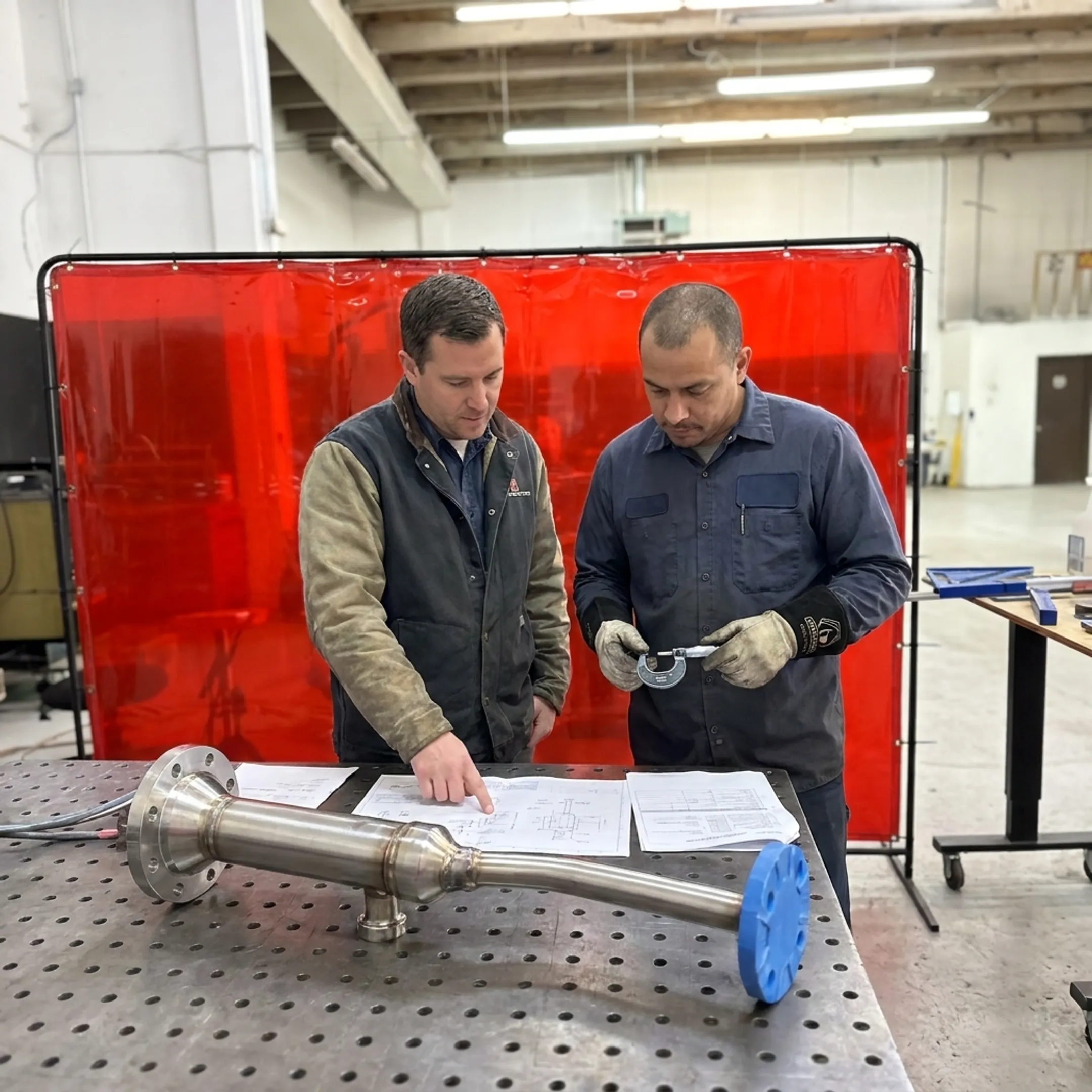 Engineer reviewing a fabricated metal component with a welder