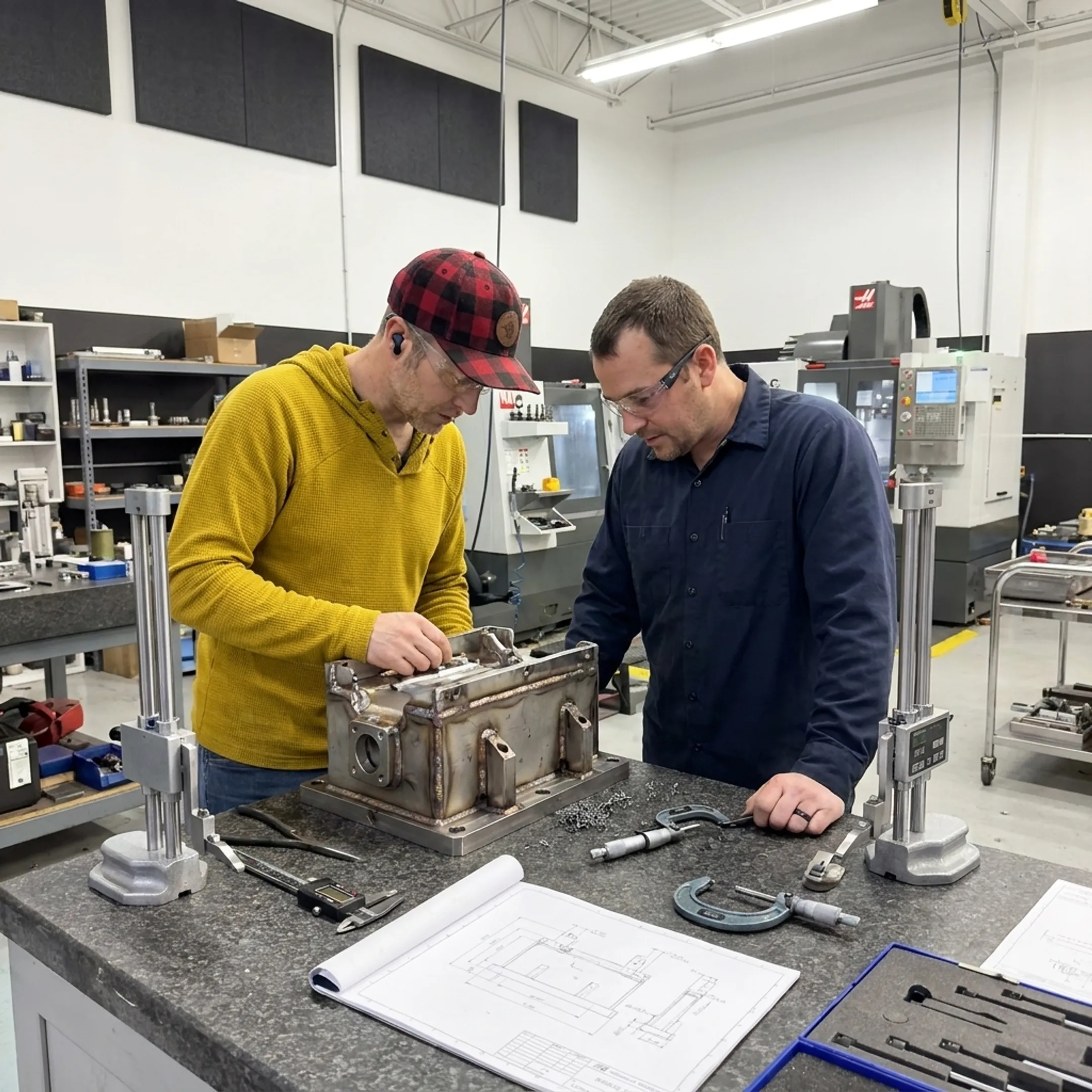 Custom welded assembly being inspected in a fabrication shop