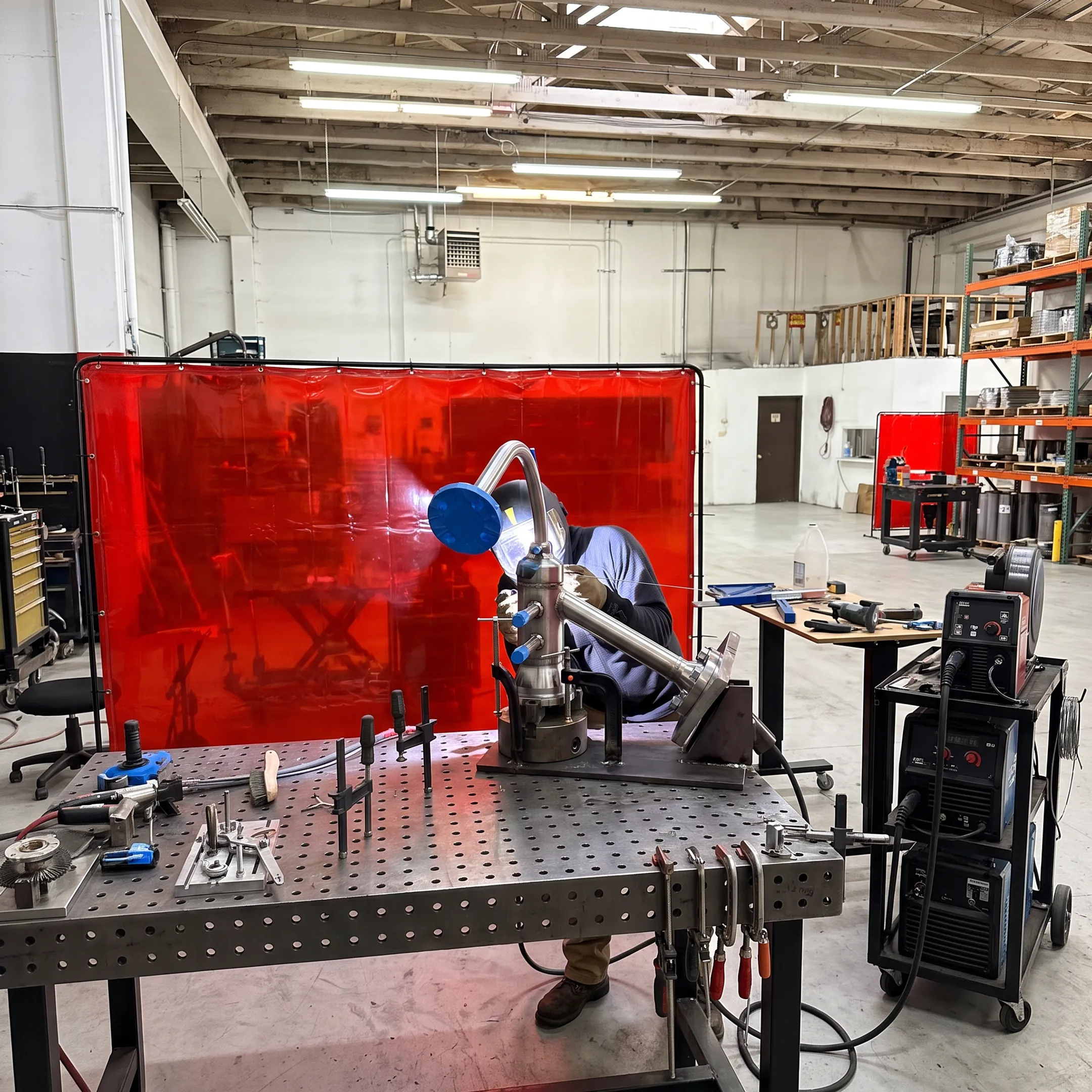 Welder performing precision fabrication on a complex metal assembly