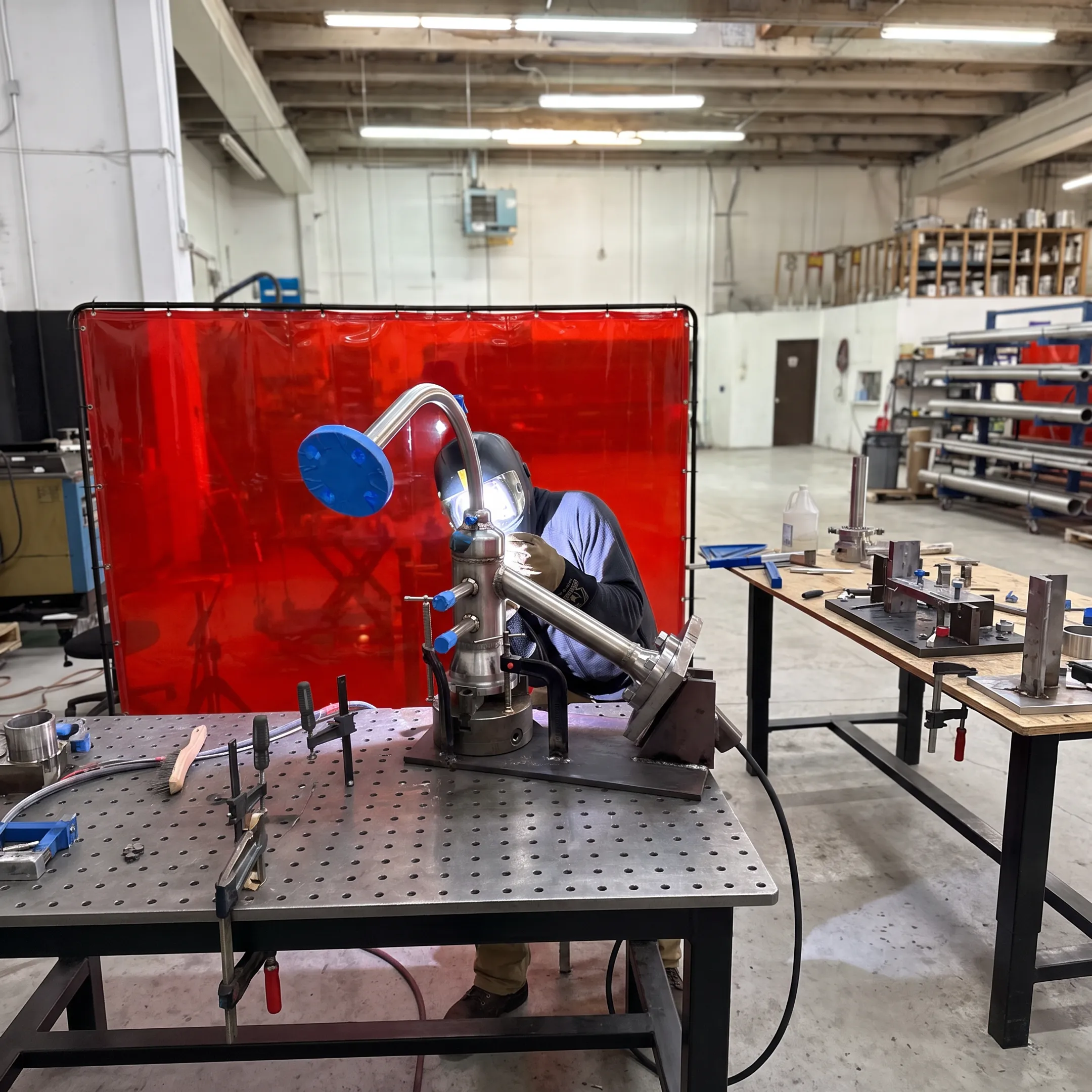 Custom metal fabrication team welding a precision industrial assembly