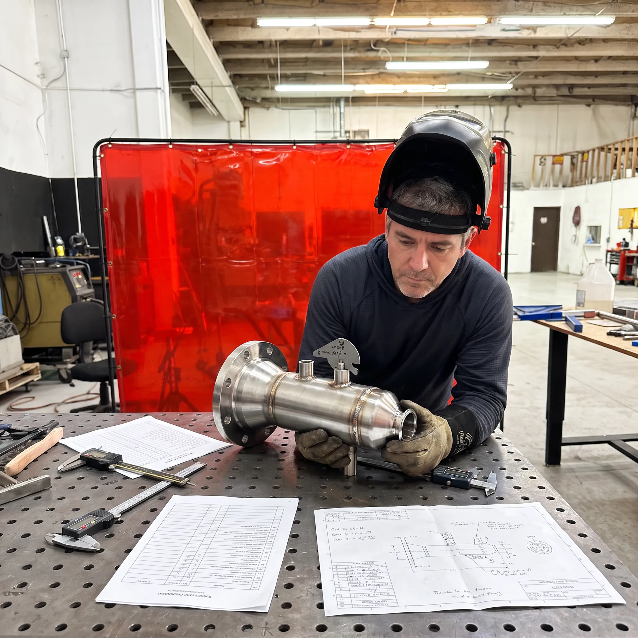 Technician inspecting a precision stainless steel welded assembly