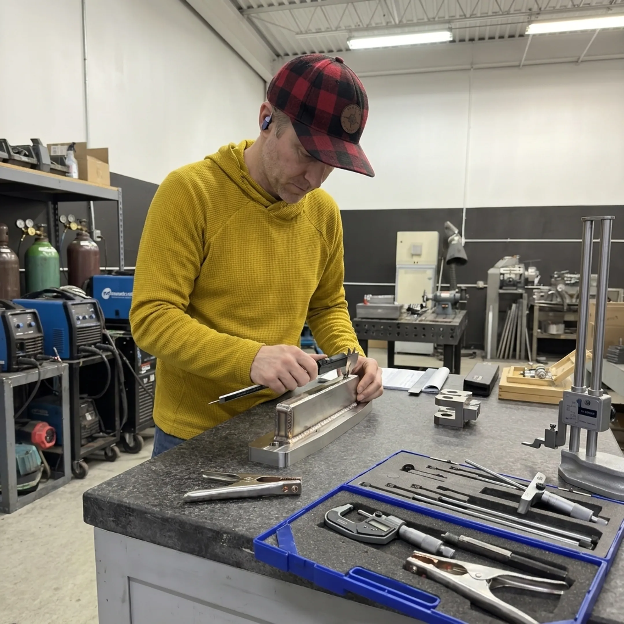 Fabricator inspecting a precision welded component beside fabrication equipment